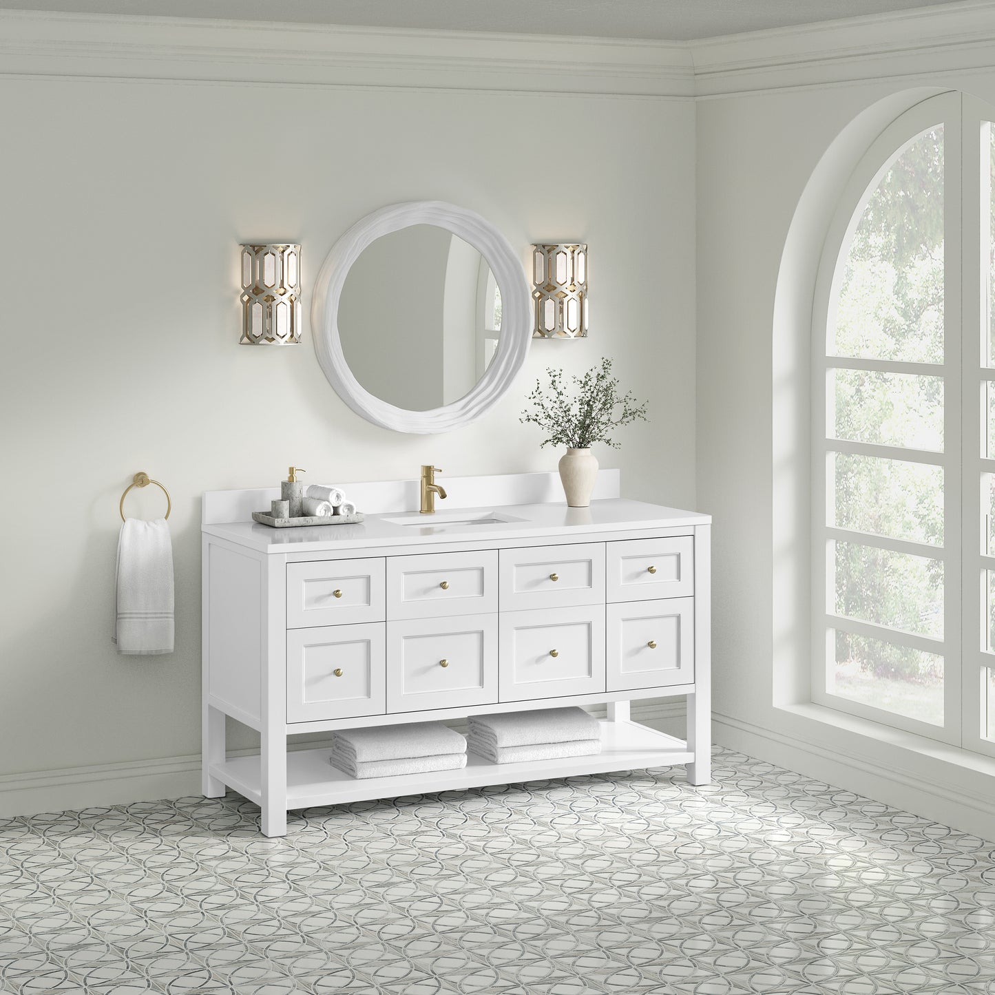 James Martin Vanities Breckenridge 60" Bright White Single Vanity With Single Hole 3cm White Zeus Quartz Top and Backsplash