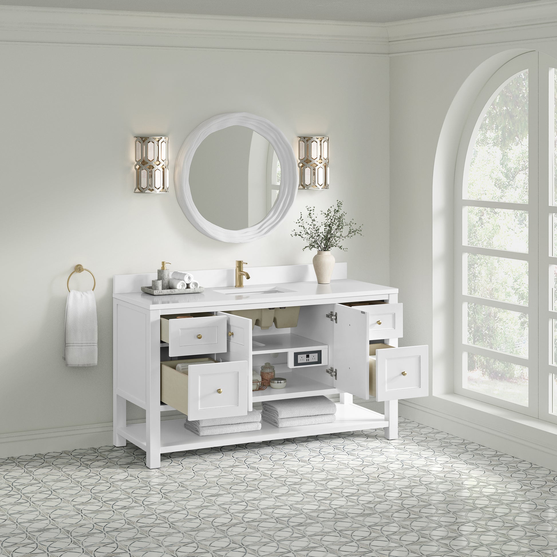 James Martin Vanities Breckenridge 60" Bright White Single Vanity With Single Hole 3cm White Zeus Quartz Top and Backsplash