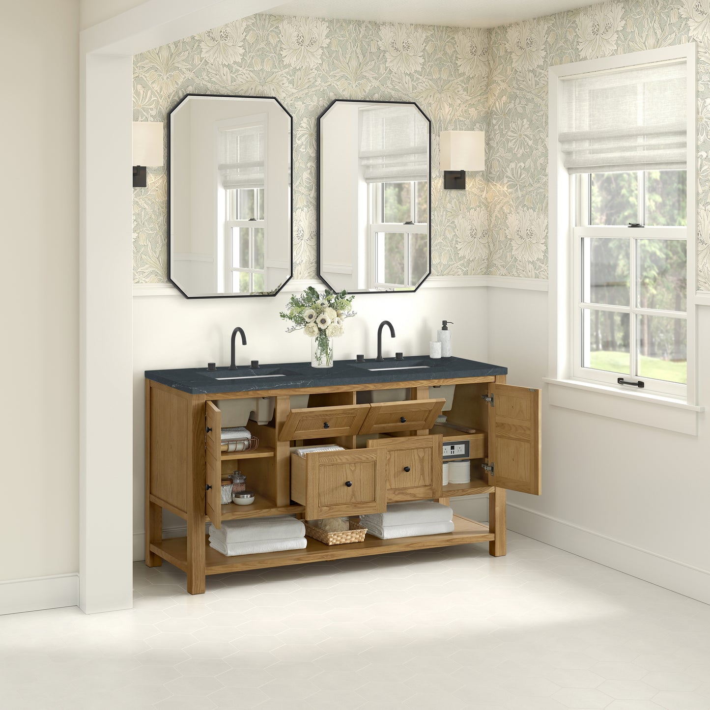 James Martin Vanities Breckenridge 60" Light Natural Oak Double Vanity With 3cm Charcoal Soapstone Quartz Top