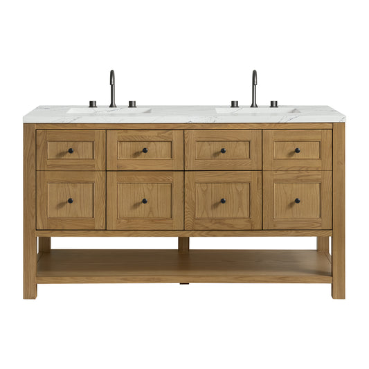 James Martin Vanities Breckenridge 60" Light Natural Oak Double Vanity With 3cm Ethereal Noctis Quartz Top