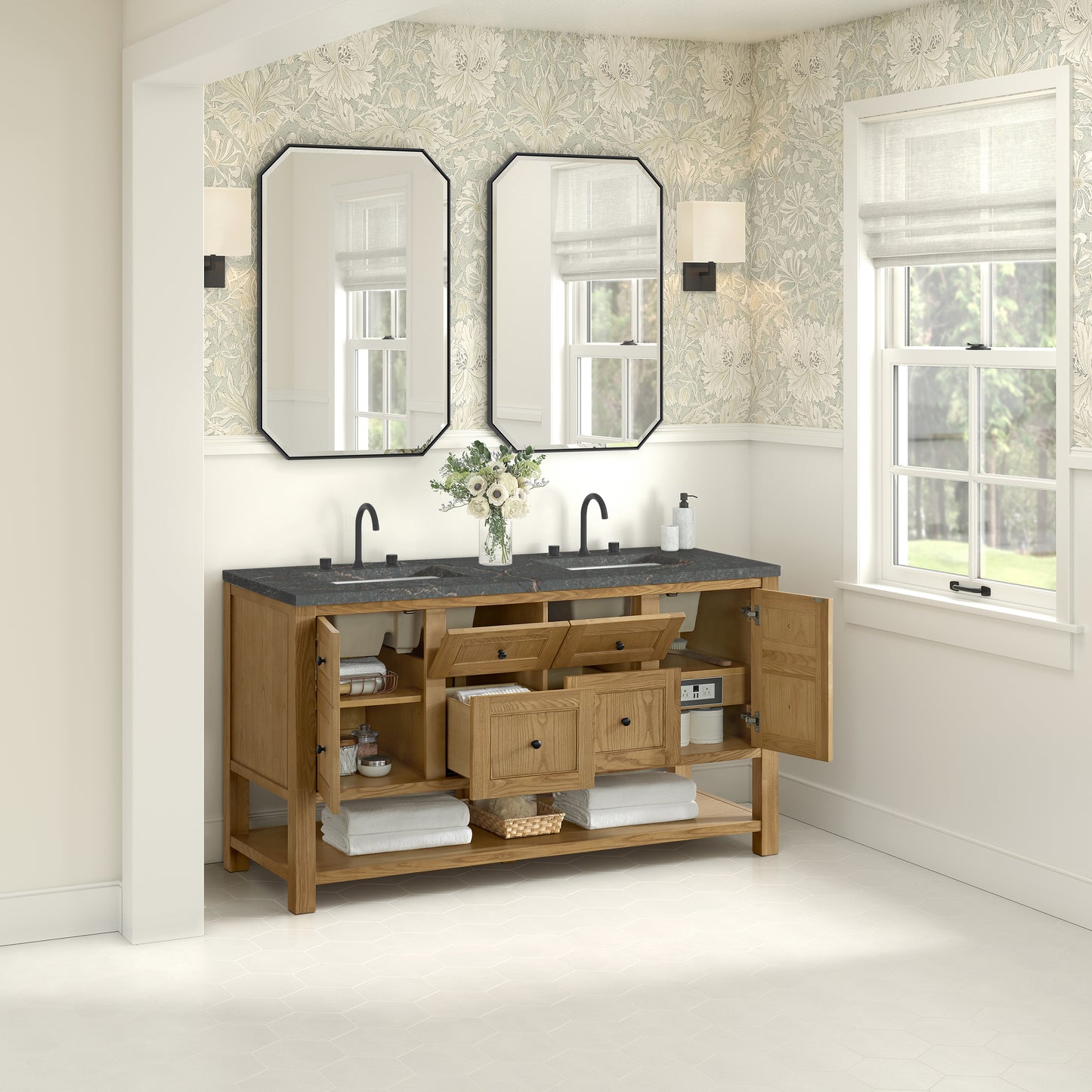 James Martin Vanities Breckenridge 60" Light Natural Oak Double Vanity With 3cm Parisien Bleu Quartz Top