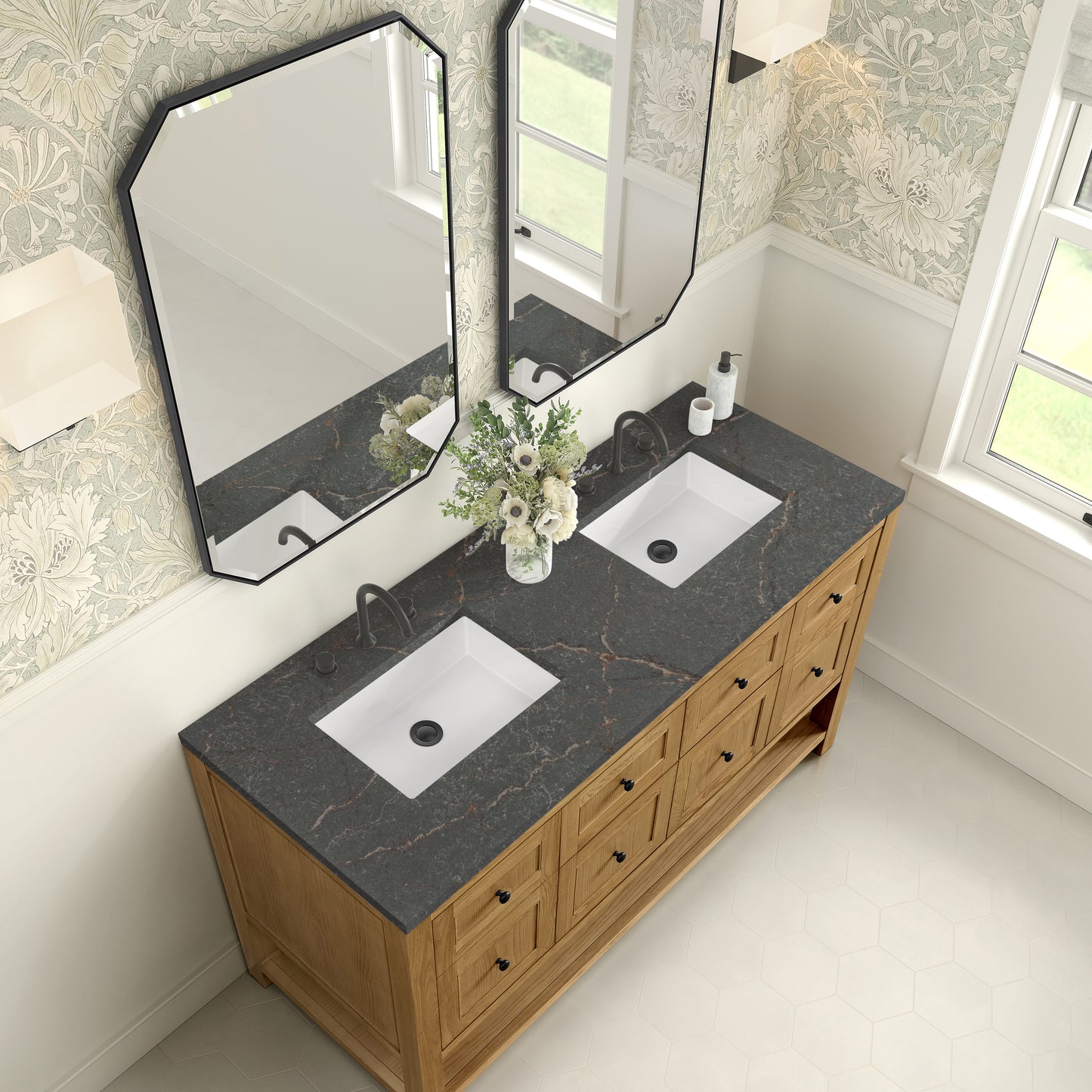 James Martin Vanities Breckenridge 60" Light Natural Oak Double Vanity With 3cm Parisien Bleu Quartz Top