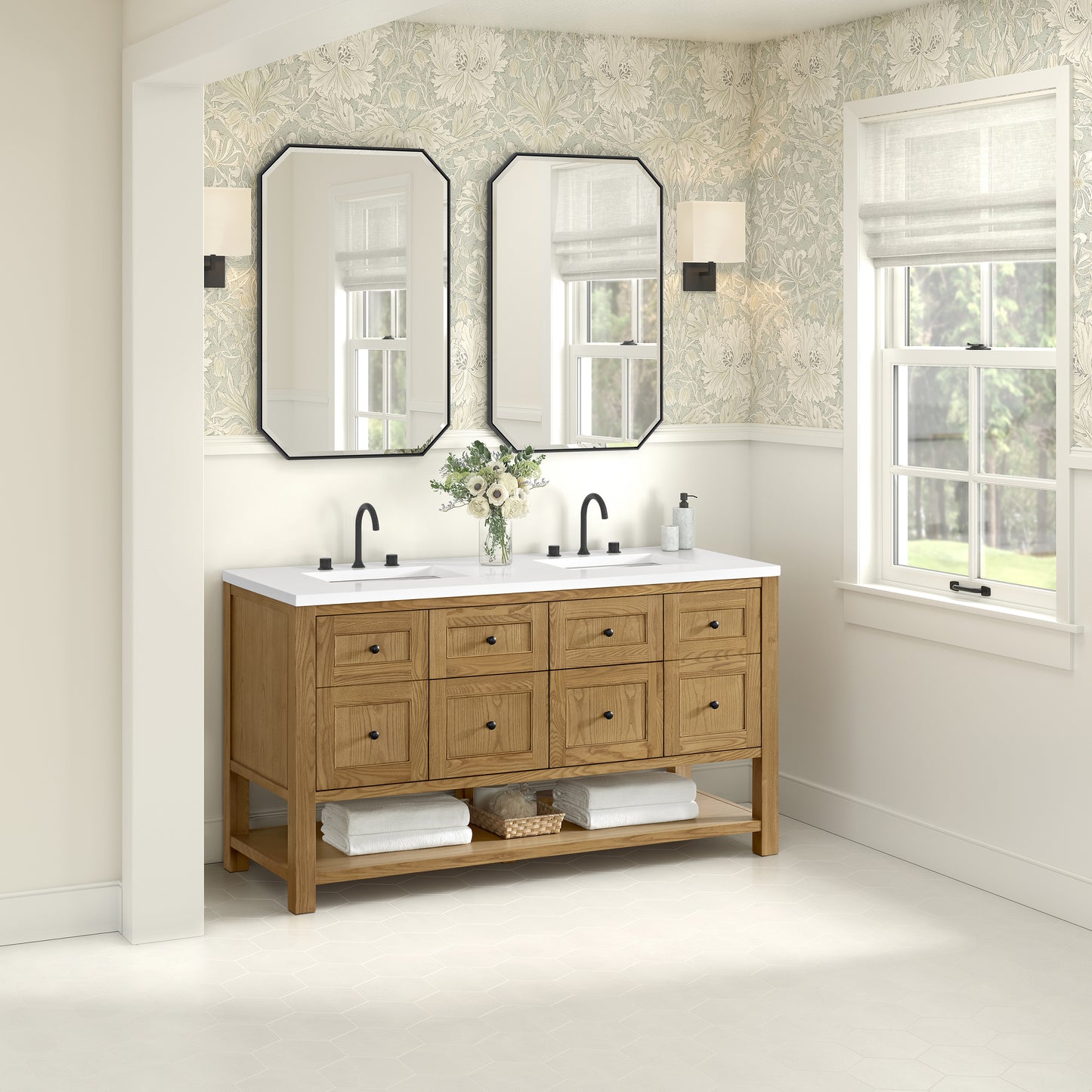James Martin Vanities Breckenridge 60" Light Natural Oak Double Vanity With 3cm White Zeus Quartz Top