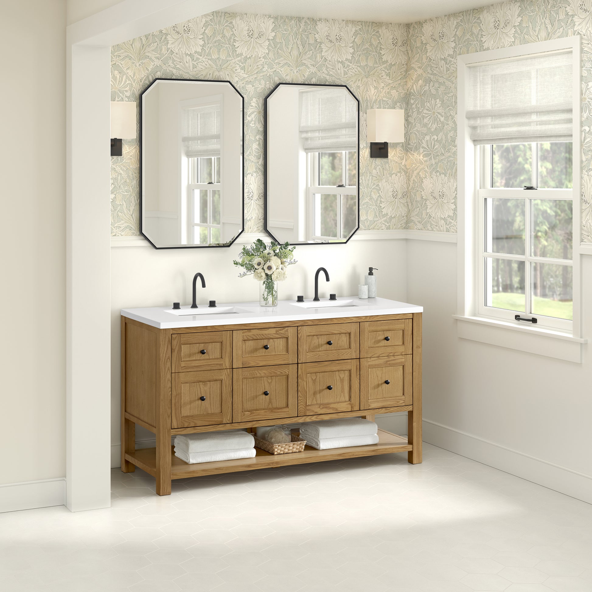 James Martin Vanities Breckenridge 60" Light Natural Oak Double Vanity With 3cm White Zeus Quartz Top