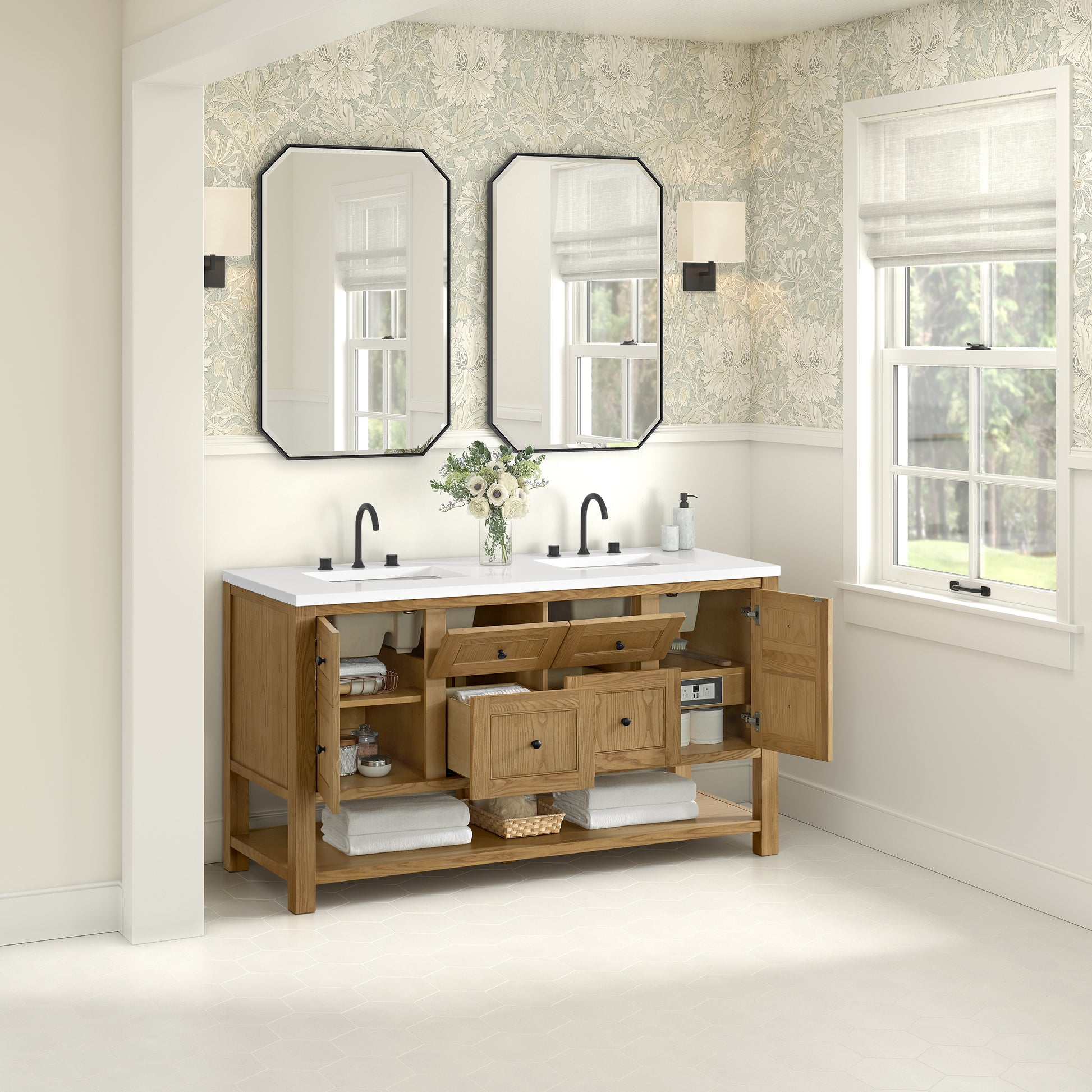 James Martin Vanities Breckenridge 60" Light Natural Oak Double Vanity With 3cm White Zeus Quartz Top