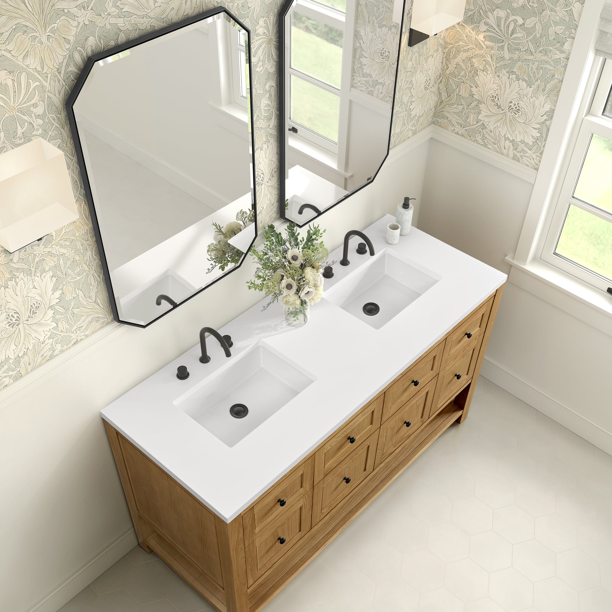 James Martin Vanities Breckenridge 60" Light Natural Oak Double Vanity With 3cm White Zeus Quartz Top