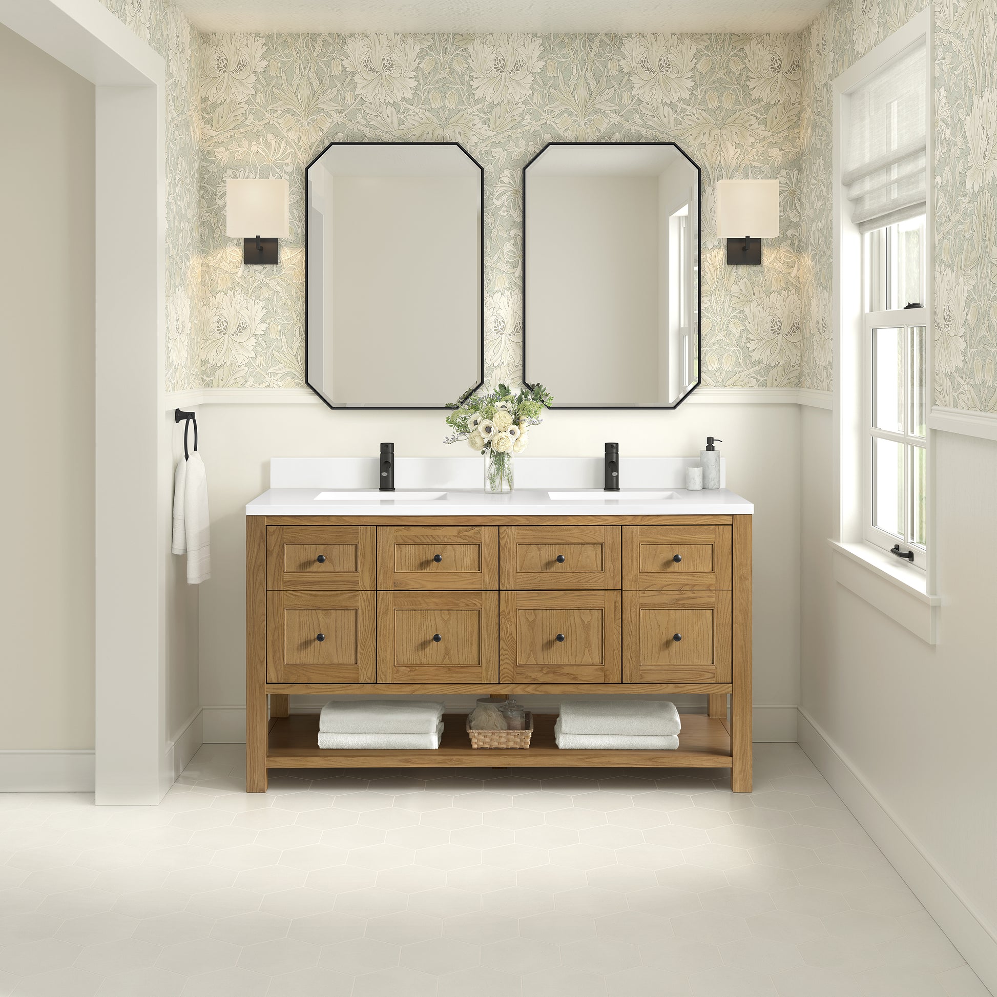 James Martin Vanities Breckenridge 60" Light Natural Oak Double Vanity With Single Hole 3cm White Zeus Quartz Top and Backsplash