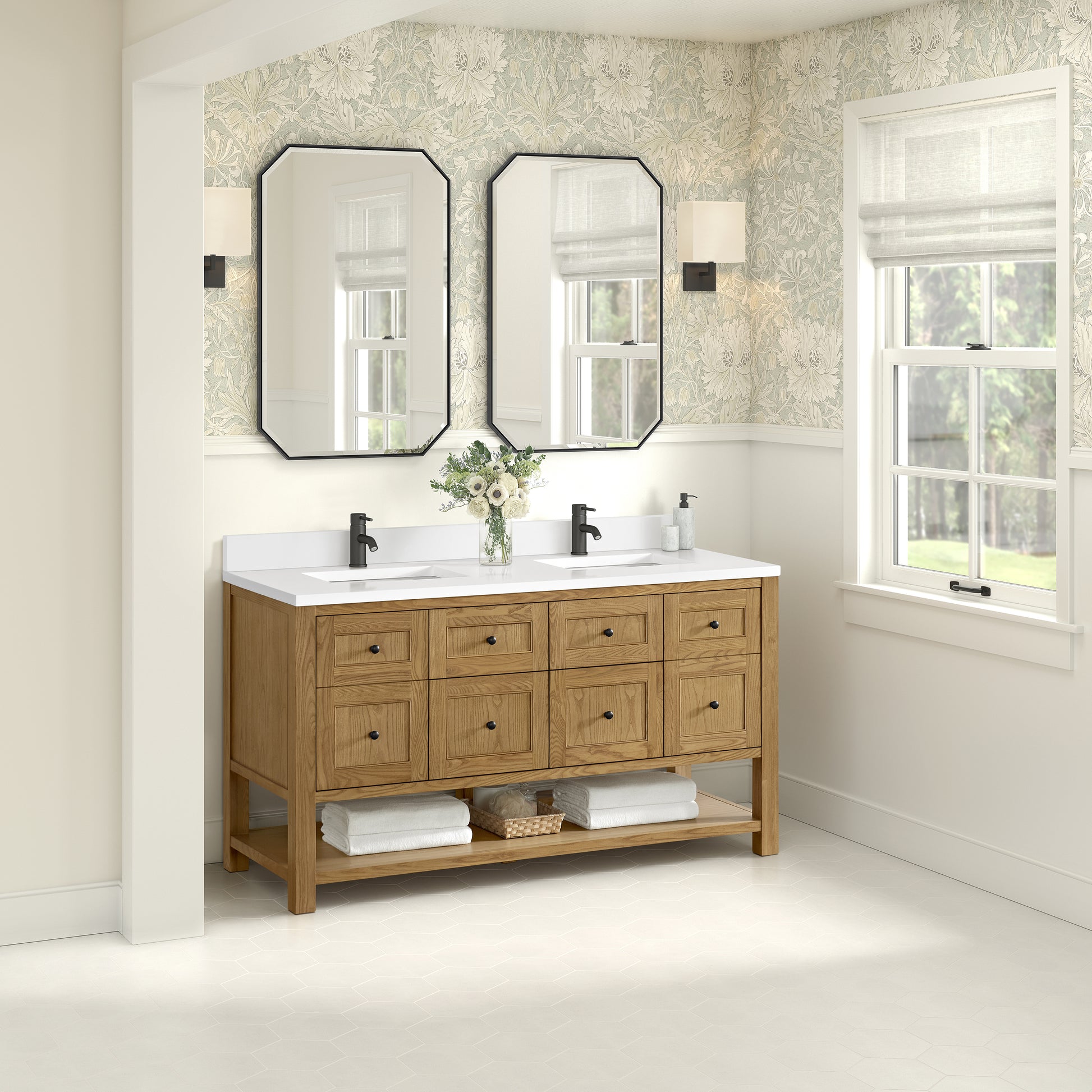 James Martin Vanities Breckenridge 60" Light Natural Oak Double Vanity With Single Hole 3cm White Zeus Quartz Top and Backsplash