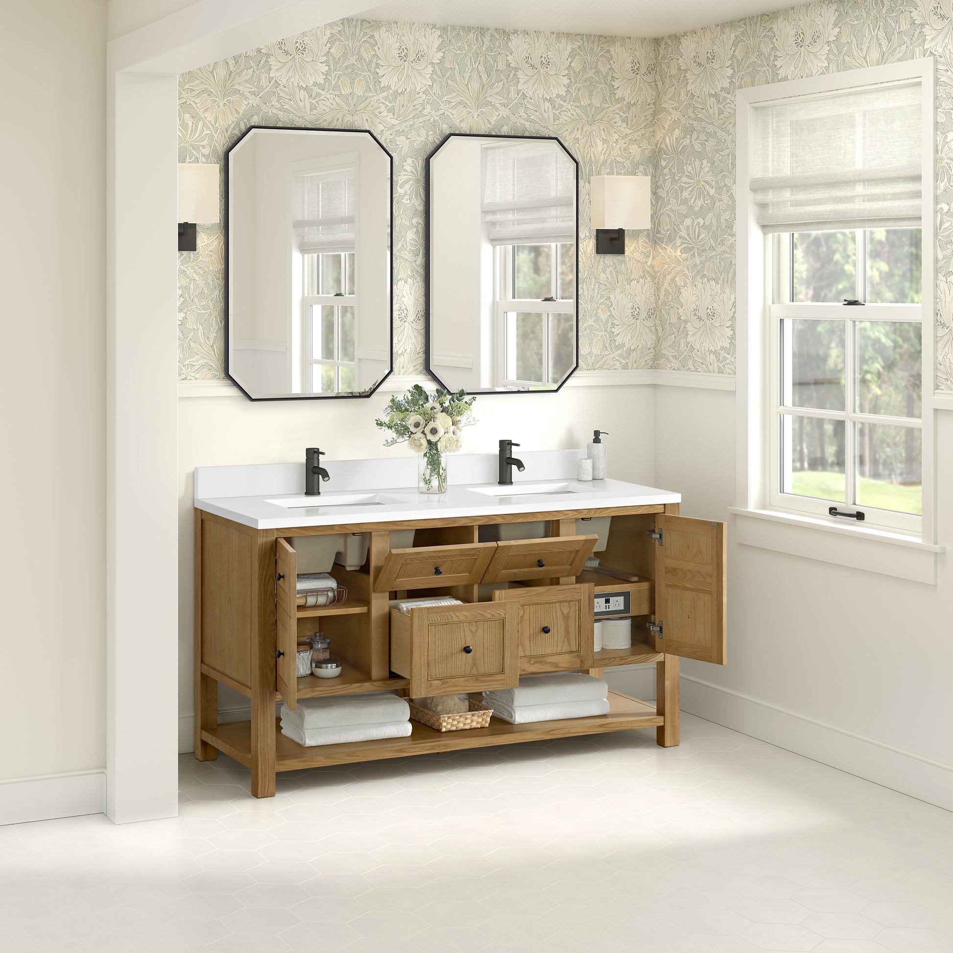 James Martin Vanities Breckenridge 60" Light Natural Oak Double Vanity With Single Hole 3cm White Zeus Quartz Top and Backsplash
