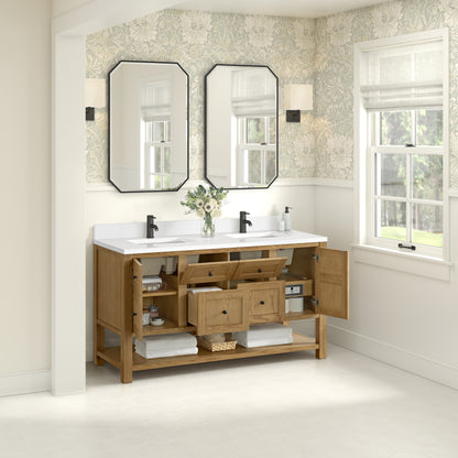 James Martin Vanities Breckenridge 60" Light Natural Oak Double Vanity With Single Hole 3cm White Zeus Quartz Top and Backsplash