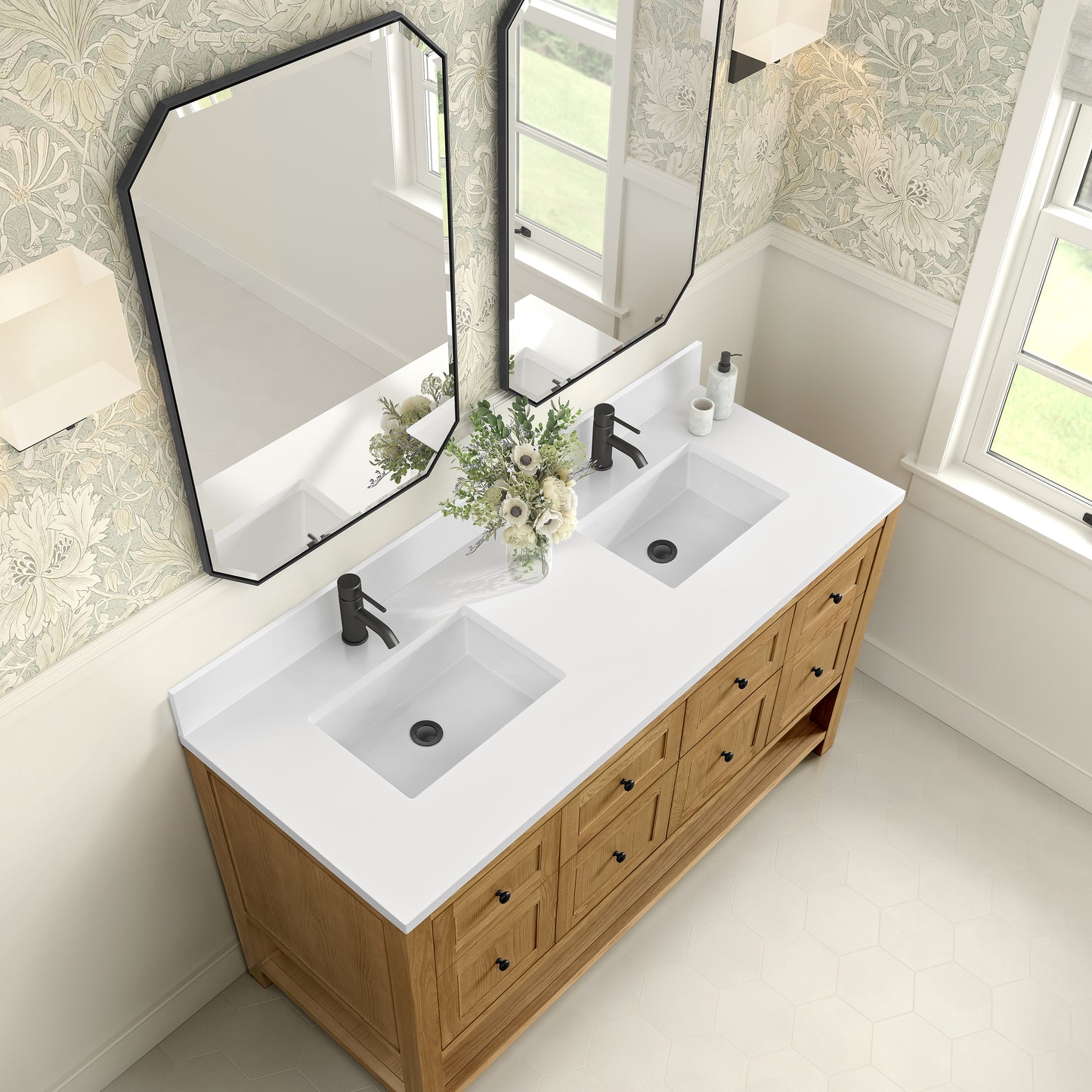 James Martin Vanities Breckenridge 60" Light Natural Oak Double Vanity With Single Hole 3cm White Zeus Quartz Top and Backsplash