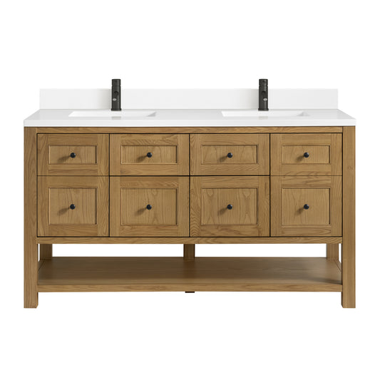 James Martin Vanities Breckenridge 60" Light Natural Oak Double Vanity With Single Hole 3cm White Zeus Quartz Top and Backsplash