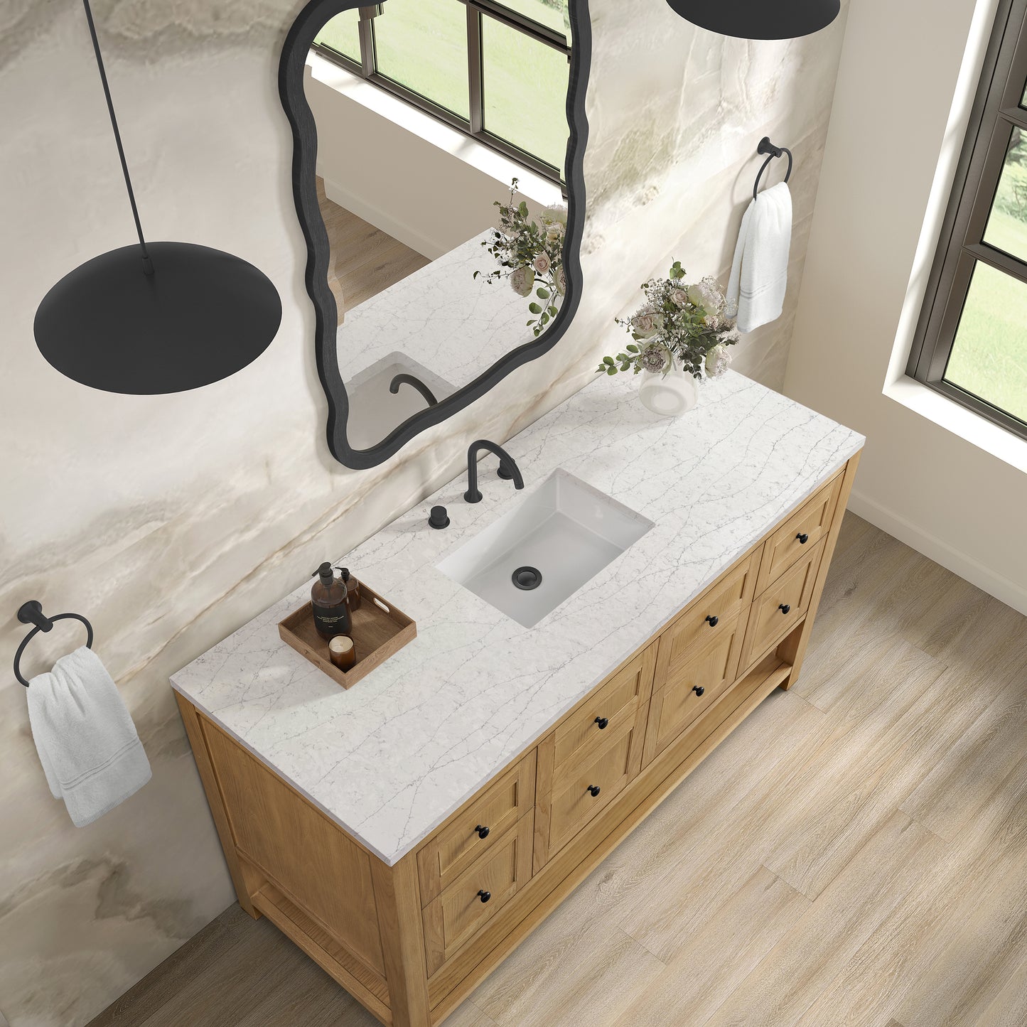 James Martin Vanities Breckenridge 60" Light Natural Oak Single Vanity With 3cm Eternal Jasmine Pearl Silestone Top With FreePower Wireless Charger