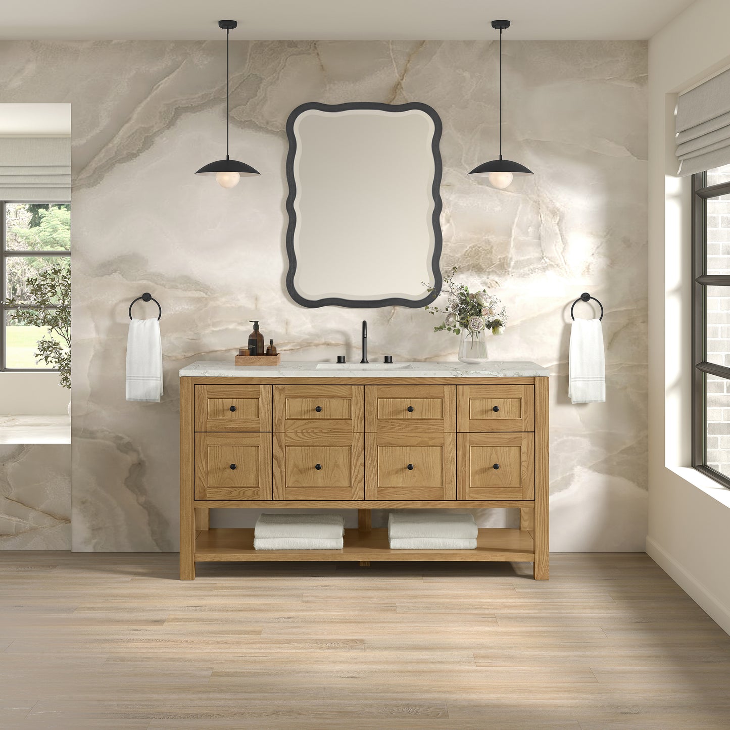 James Martin Vanities Breckenridge 60" Light Natural Oak Single Vanity With 3cm Victorian Silver Silestone Top With FreePower Wireless Charger