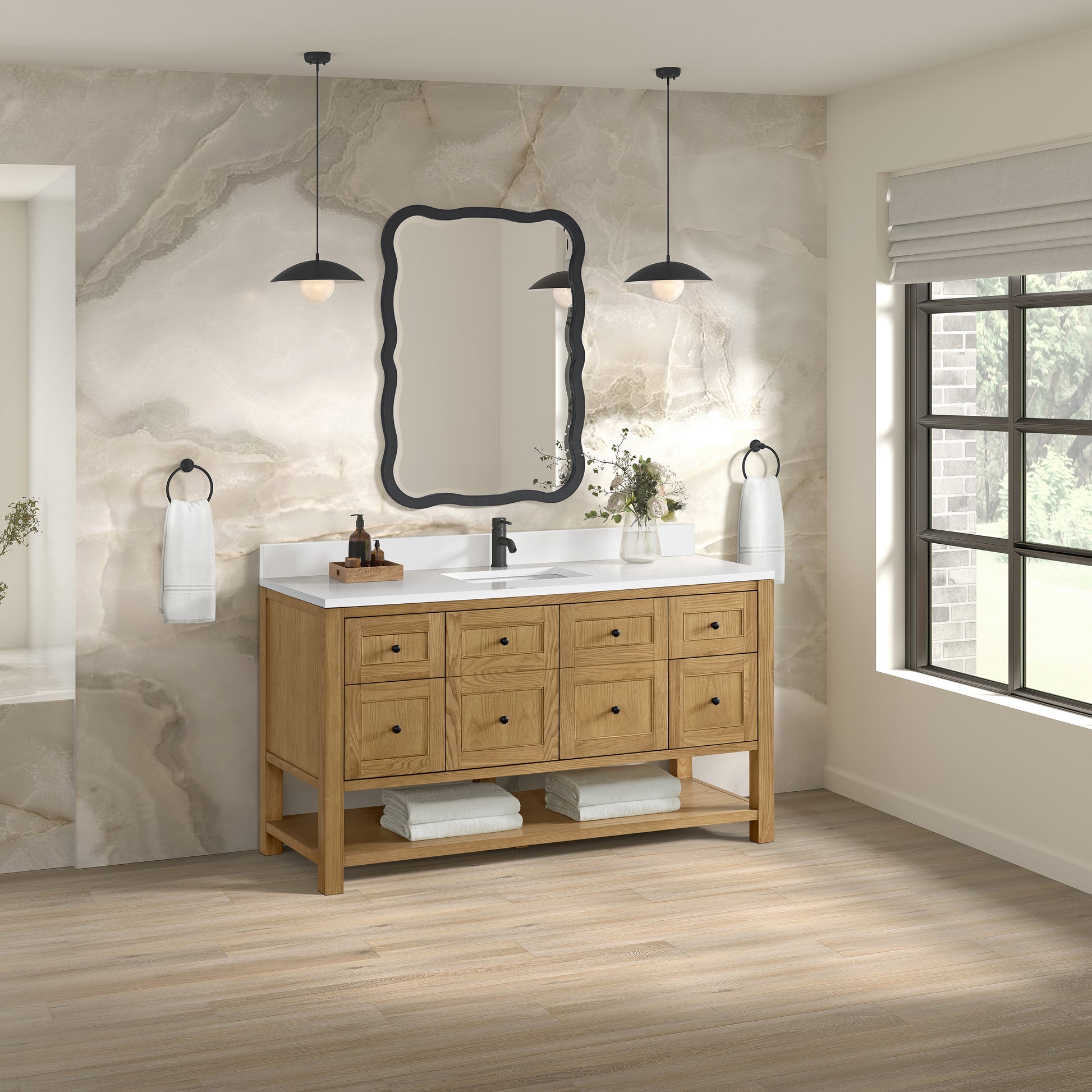 James Martin Vanities Breckenridge 60" Light Natural Oak Single Vanity With Single Hole 3cm White Zeus Quartz Top and Backsplash