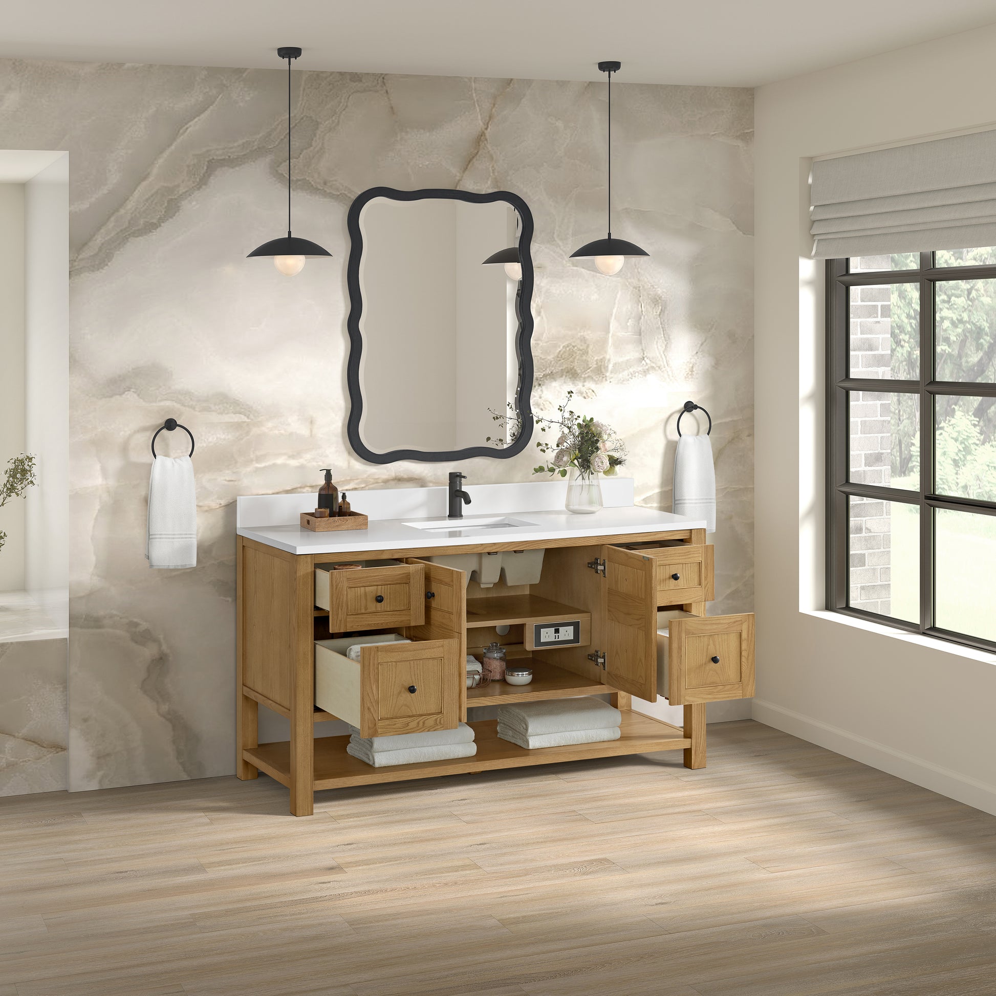James Martin Vanities Breckenridge 60" Light Natural Oak Single Vanity With Single Hole 3cm White Zeus Quartz Top and Backsplash