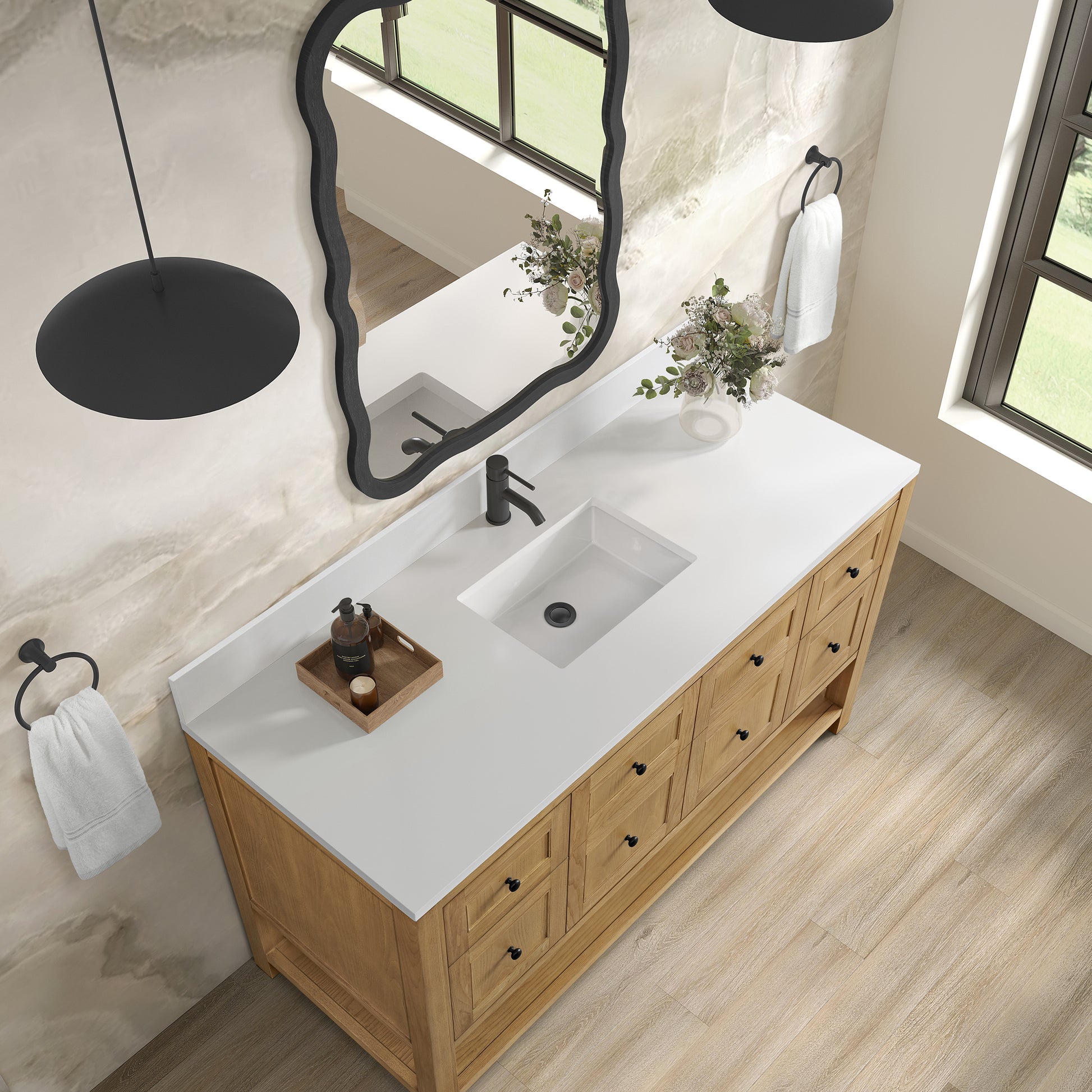 James Martin Vanities Breckenridge 60" Light Natural Oak Single Vanity With Single Hole 3cm White Zeus Quartz Top and Backsplash