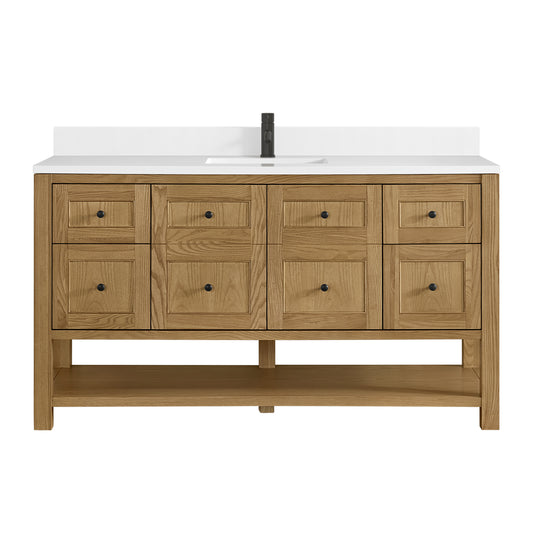 James Martin Vanities Breckenridge 60" Light Natural Oak Single Vanity With Single Hole 3cm White Zeus Quartz Top and Backsplash
