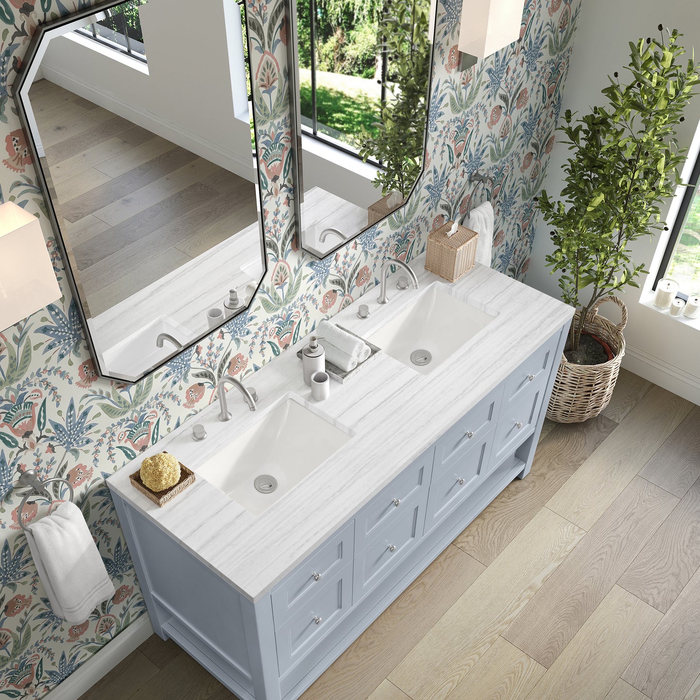 James Martin Vanities Breckenridge 60" Serenity Blue Double Vanity With 3cm Arctic Fall Solid Surface Top
