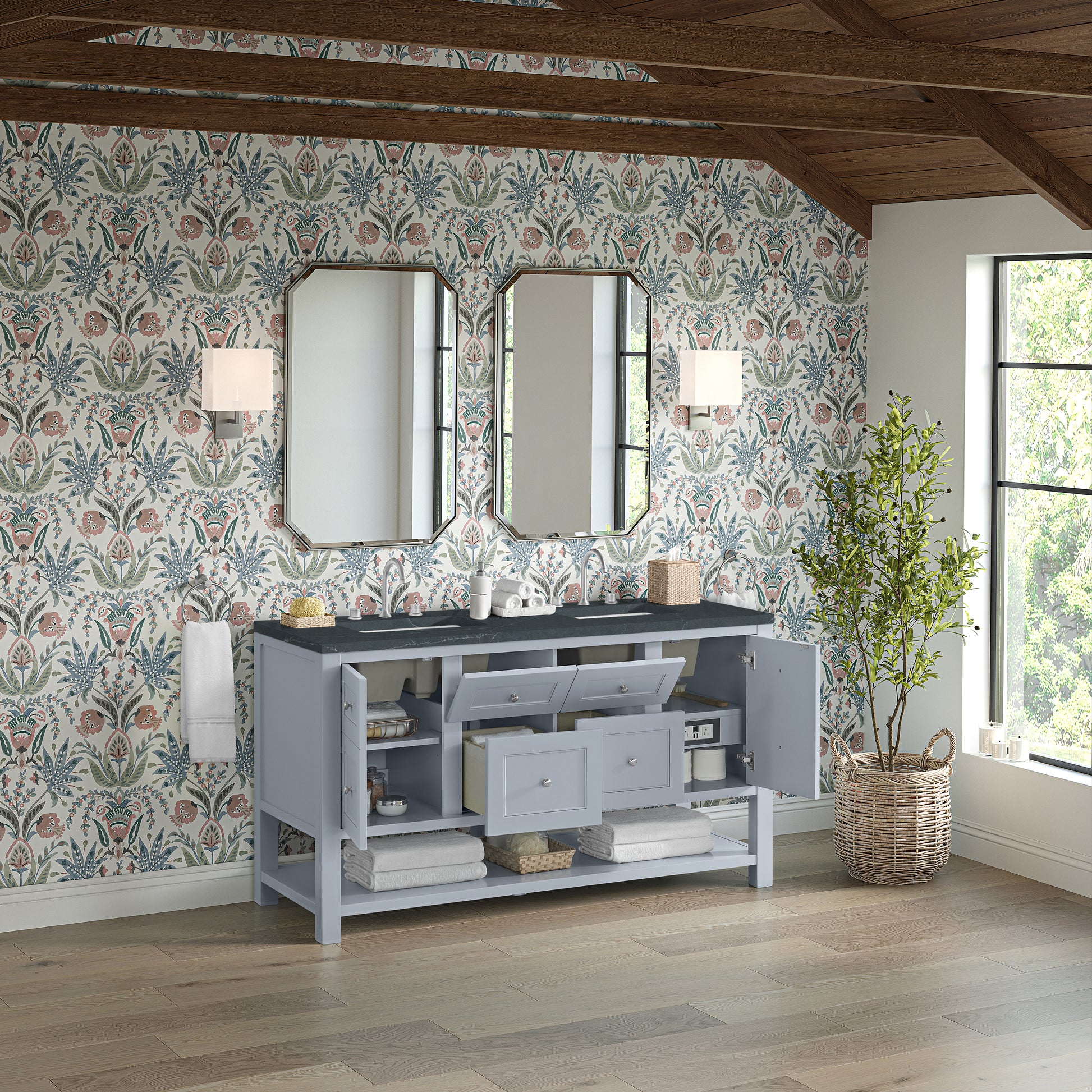 James Martin Vanities Breckenridge 60" Serenity Blue Double Vanity With 3cm Charcoal Soapstone Quartz Top