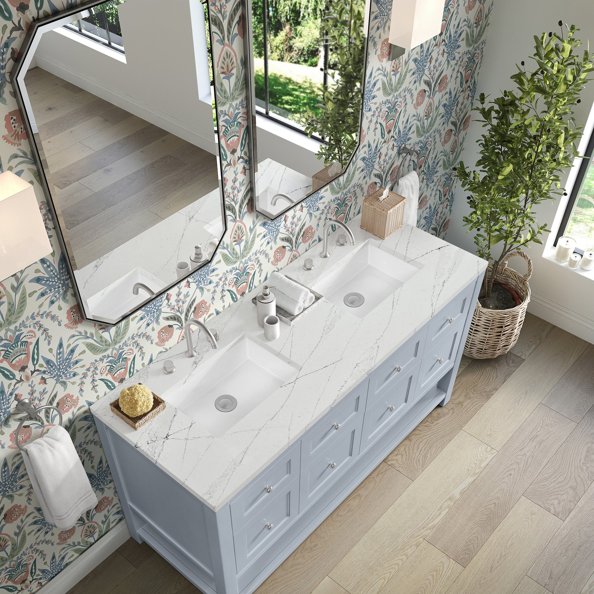 James Martin Vanities Breckenridge 60" Serenity Blue Double Vanity With 3cm Ethereal Noctis Quartz Top