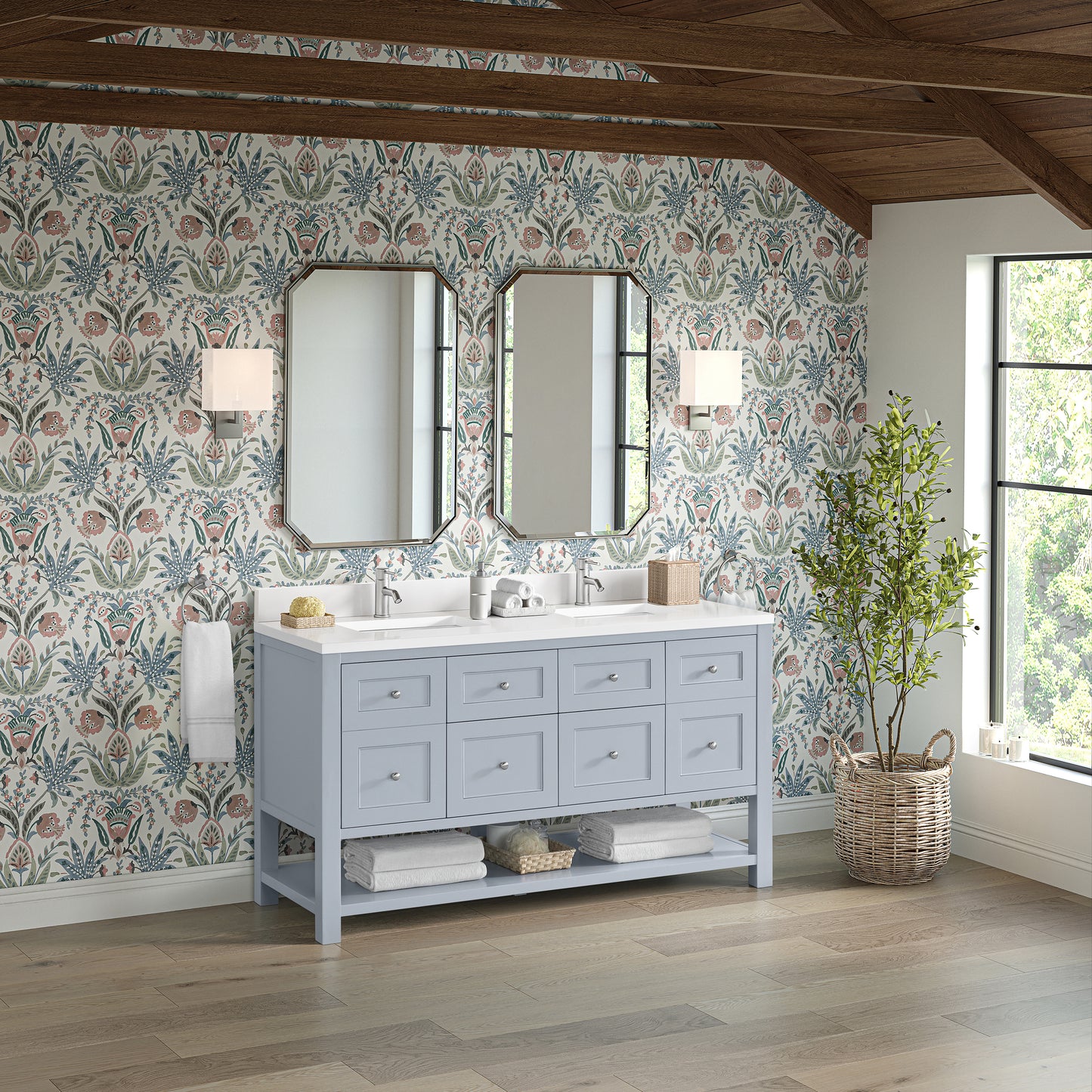 James Martin Vanities Breckenridge 60" Serenity Blue Double Vanity With Single Hole 3cm White Zeus Quartz Top and Backsplash