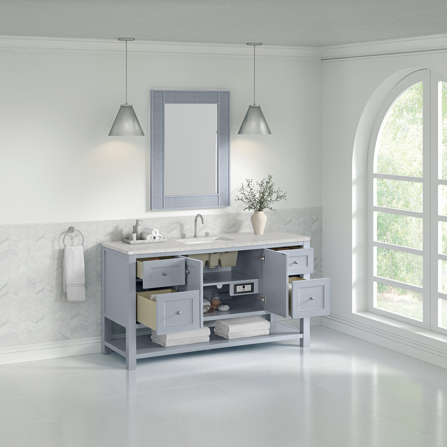 James Martin Vanities Breckenridge 60" Serenity Blue Single Vanity With 3cm Eternal Jasmine Pearl Silestone Top With FreePower Wireless Charger