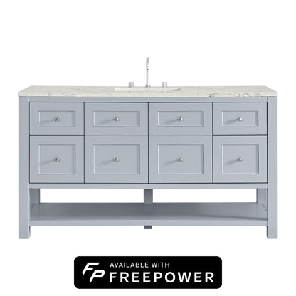 James Martin Vanities Breckenridge 60" Serenity Blue Single Vanity With 3cm Victorian Silver Silestone Top With FreePower Wireless Charger