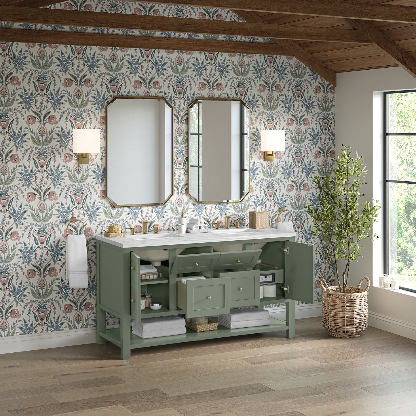 James Martin Vanities Breckenridge 60" Smokey Celadon Double Vanity With 3cm Arctic Fall Solid Surface Top