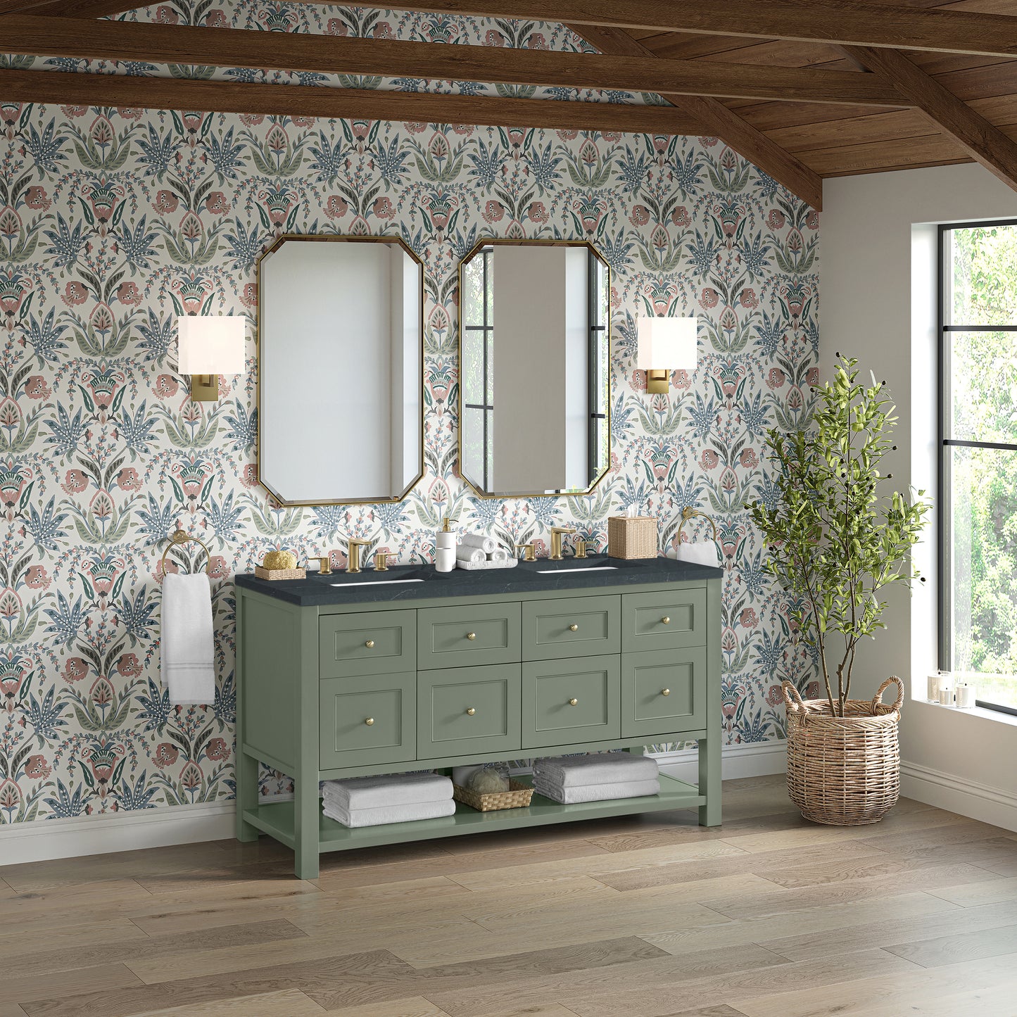 James Martin Vanities Breckenridge 60" Smokey Celadon Double Vanity With 3cm Charcoal Soapstone Quartz Top