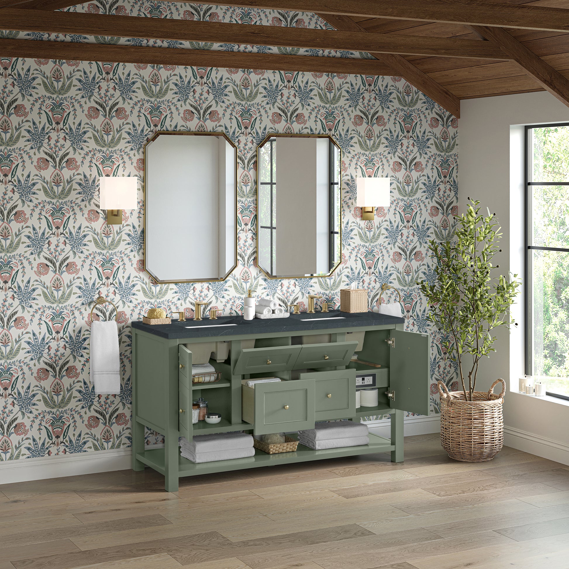 James Martin Vanities Breckenridge 60" Smokey Celadon Double Vanity With 3cm Charcoal Soapstone Quartz Top