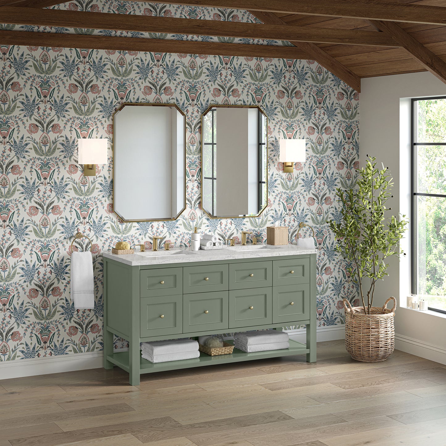James Martin Vanities Breckenridge 60" Smokey Celadon Double Vanity With 3cm Eternal Jasmine Pearl Quartz Top