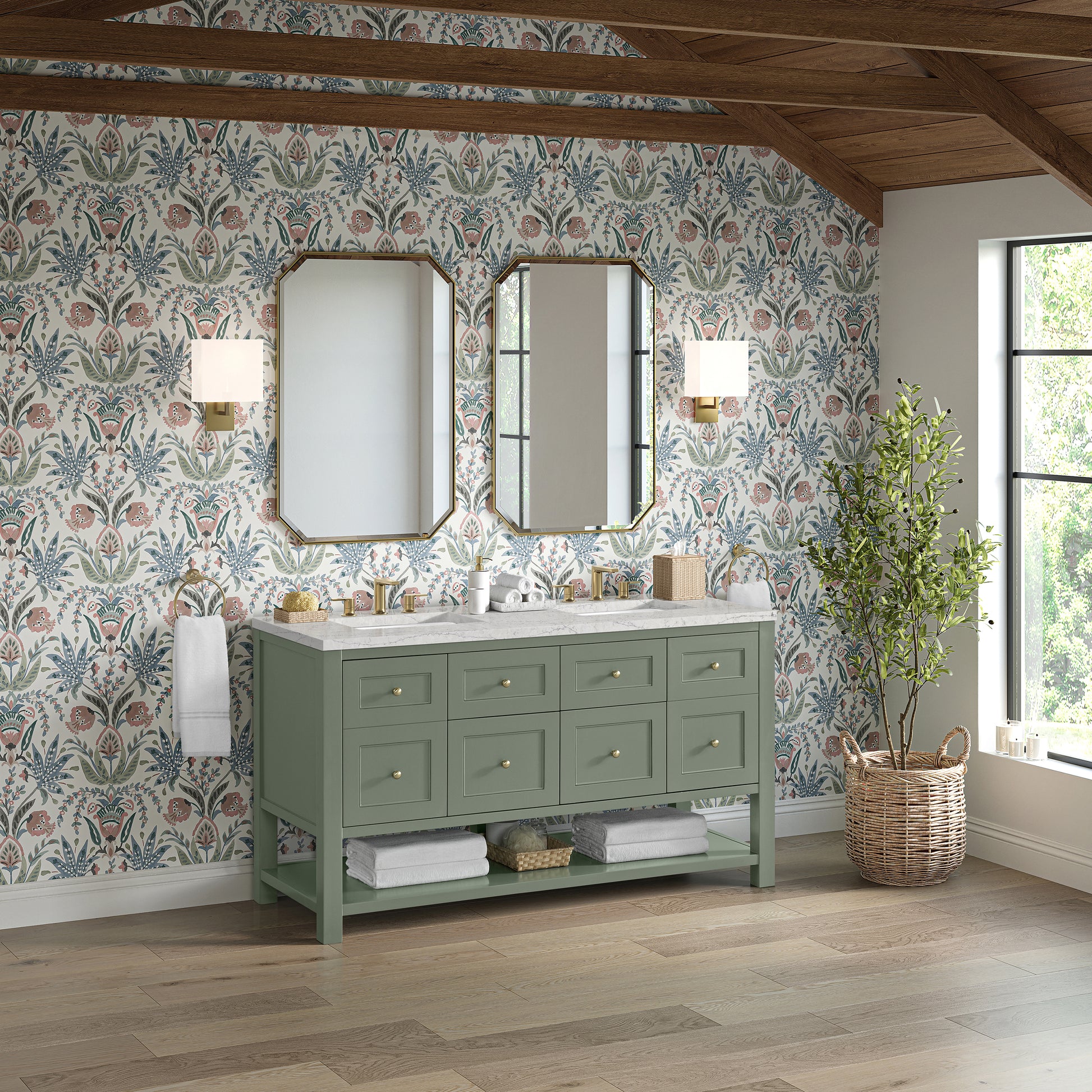 James Martin Vanities Breckenridge 60" Smokey Celadon Double Vanity With 3cm Eternal Jasmine Pearl Quartz Top