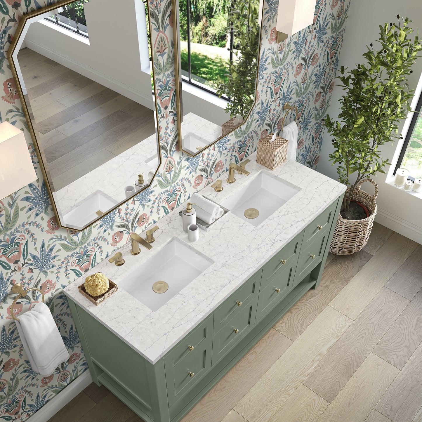 James Martin Vanities Breckenridge 60" Smokey Celadon Double Vanity With 3cm Eternal Jasmine Pearl Quartz Top