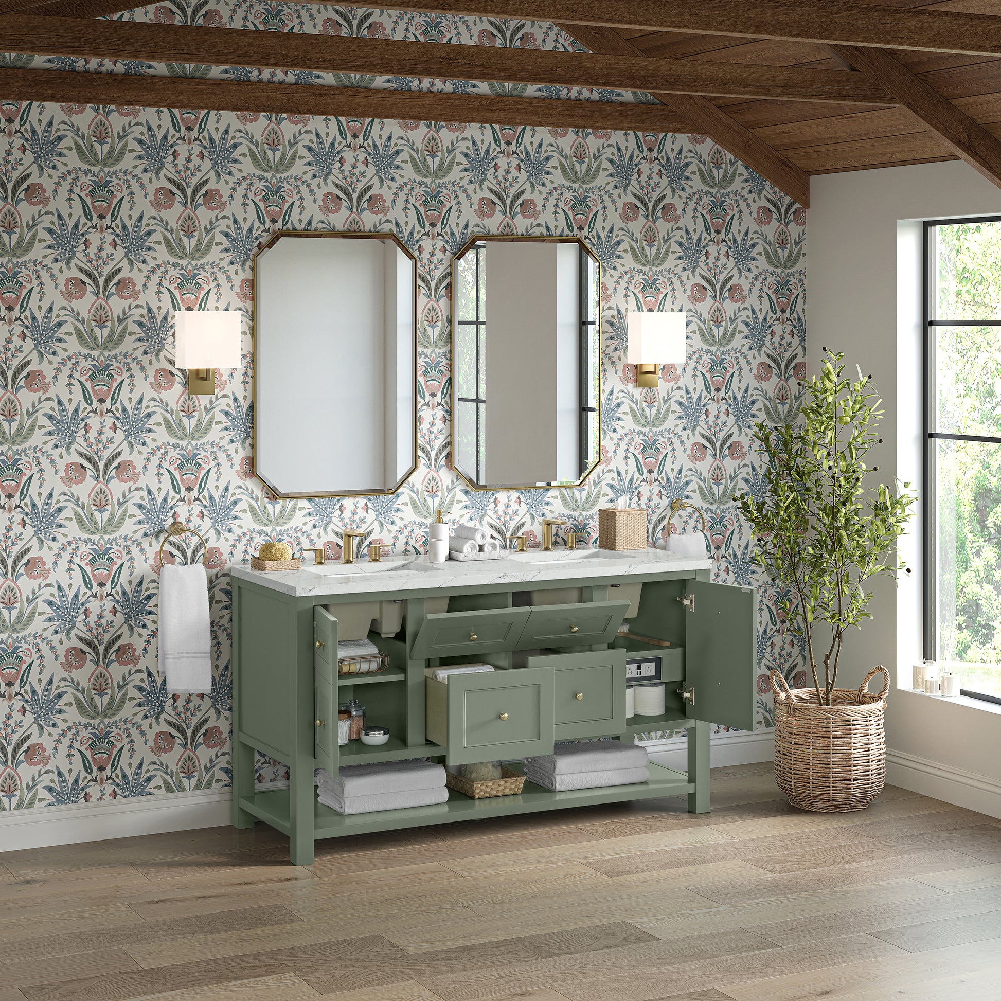 James Martin Vanities Breckenridge 60" Smokey Celadon Double Vanity With 3cm Ethereal Noctis Quartz Top