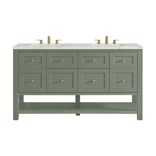 James Martin Vanities Breckenridge 60" Smokey Celadon Double Vanity With 3cm Victorian Silver Quartz Top