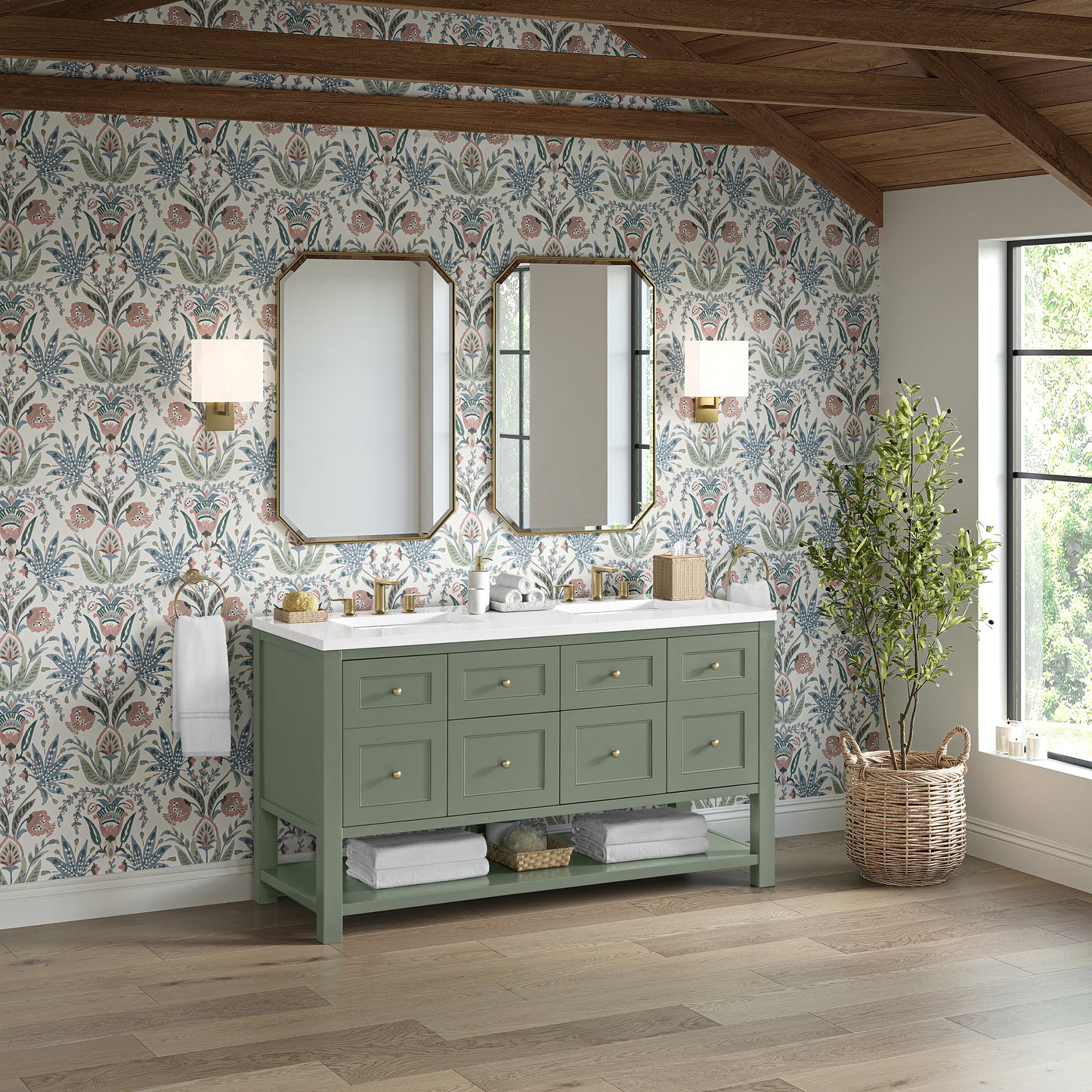 James Martin Vanities Breckenridge 60" Smokey Celadon Double Vanity With 3cm White Zeus Quartz Top