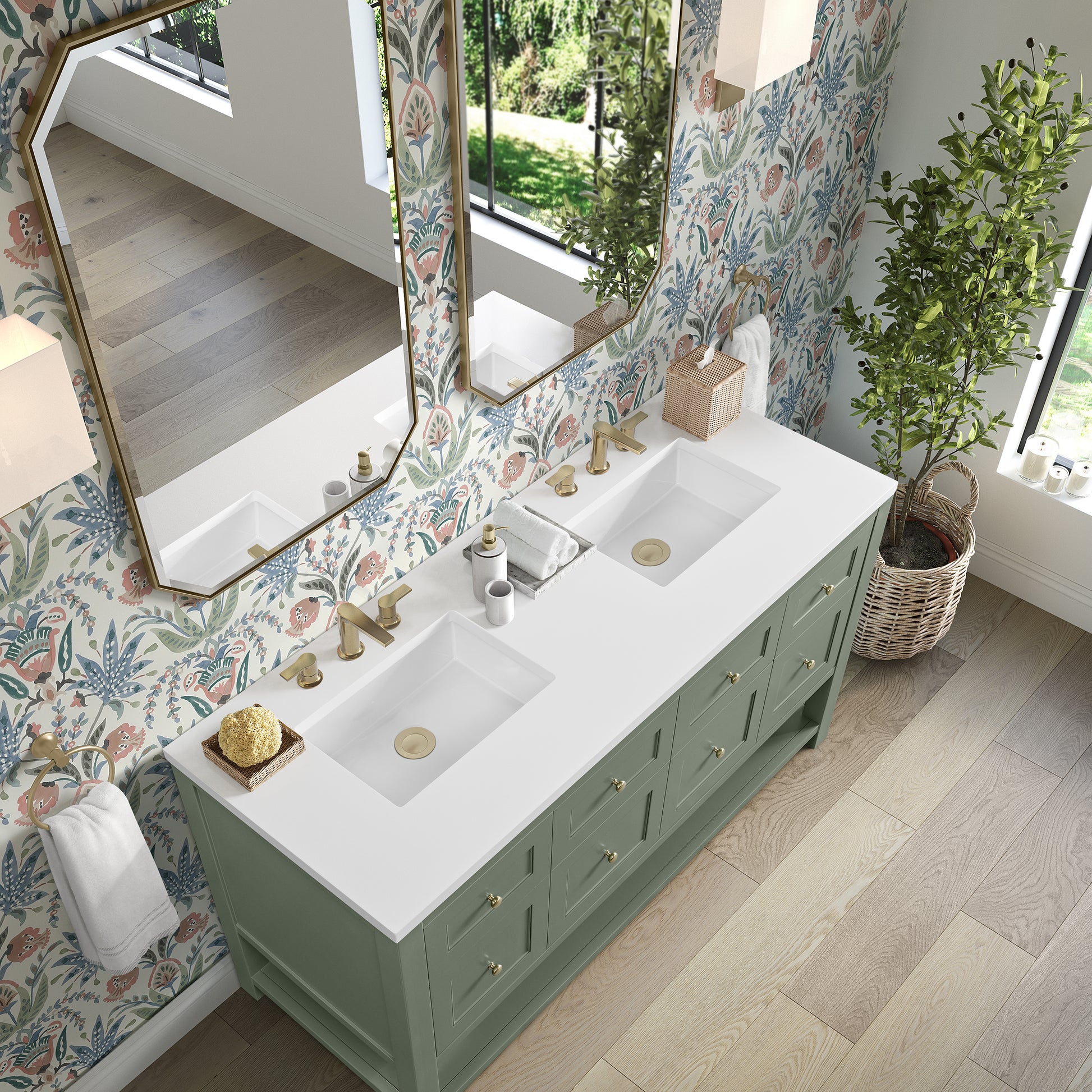 James Martin Vanities Breckenridge 60" Smokey Celadon Double Vanity With 3cm White Zeus Quartz Top