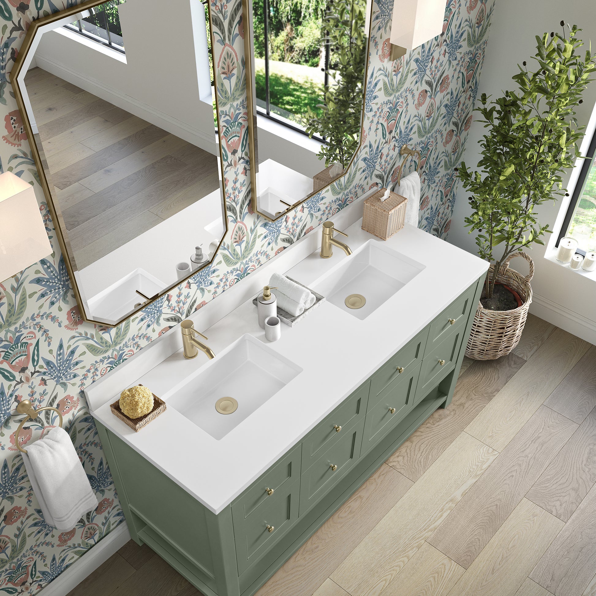 James Martin Vanities Breckenridge 60" Smokey Celadon Double Vanity With Single Hole 3cm White Zeus Quartz Top and Backsplash