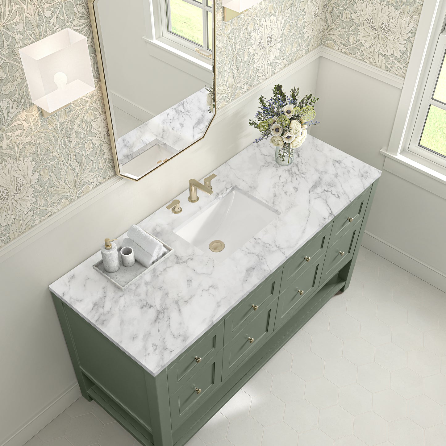 James Martin Vanities Breckenridge 60" Smokey Celadon Single Vanity With 3cm Carrara Marble Top