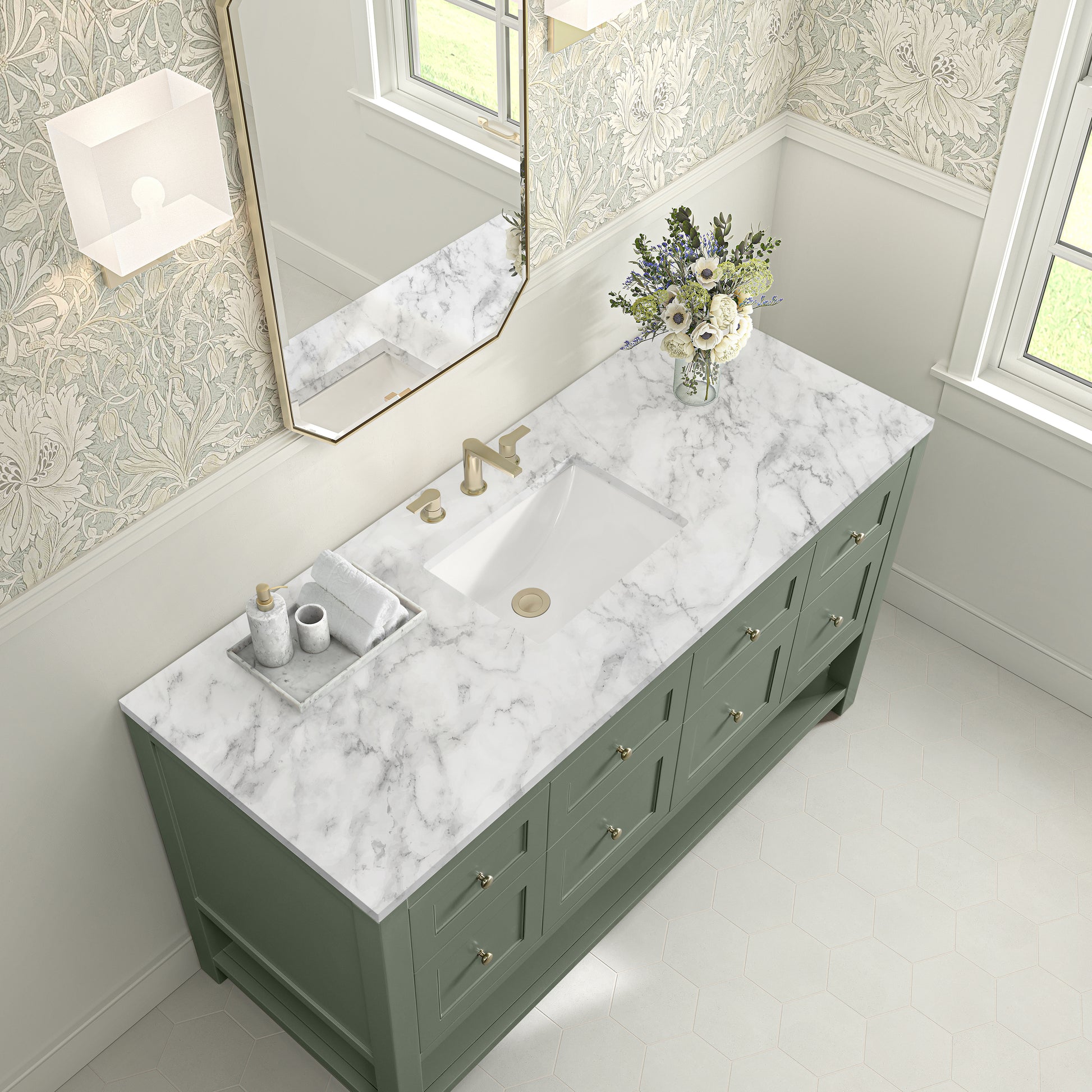 James Martin Vanities Breckenridge 60" Smokey Celadon Single Vanity With 3cm Carrara Marble Top