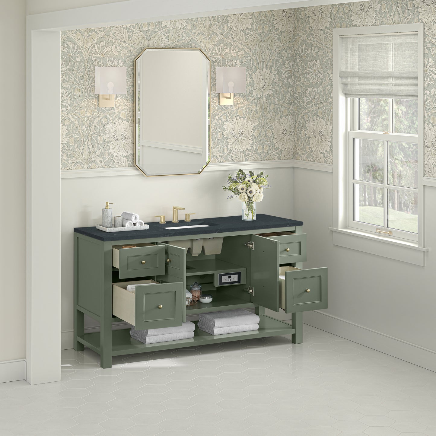 James Martin Vanities Breckenridge 60" Smokey Celadon Single Vanity With 3cm Charcoal Soapstone Quartz Top