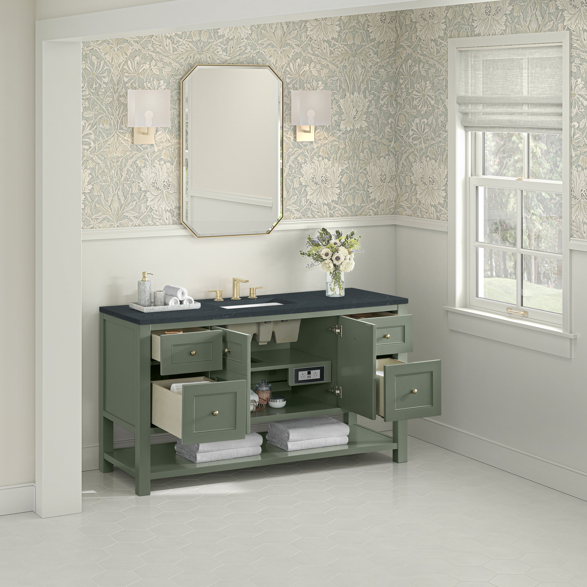 James Martin Vanities Breckenridge 60" Smokey Celadon Single Vanity With 3cm Charcoal Soapstone Quartz Top