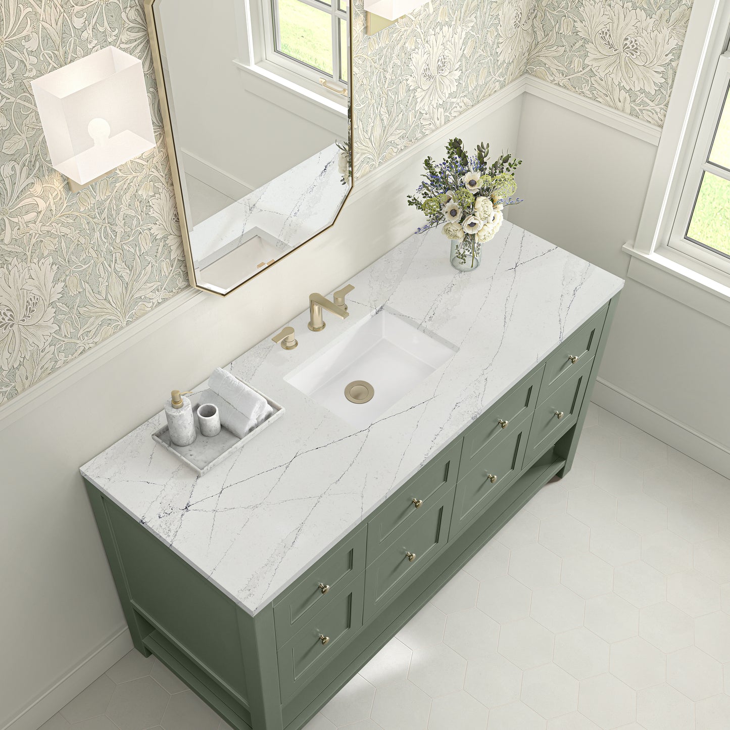 James Martin Vanities Breckenridge 60" Smokey Celadon Single Vanity With 3cm Ethereal Noctis Quartz Top