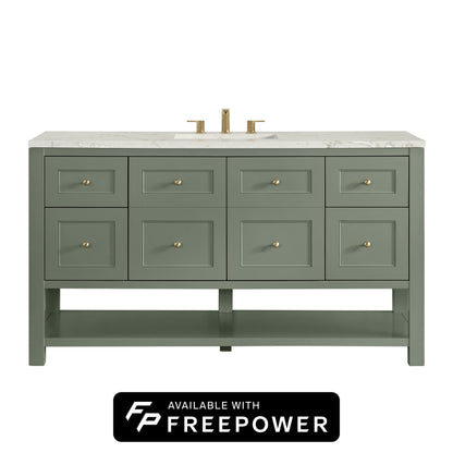 James Martin Vanities Breckenridge 60" Smokey Celadon Single Vanity With 3cm Victorian Silver Silestone Top With FreePower Wireless Charger