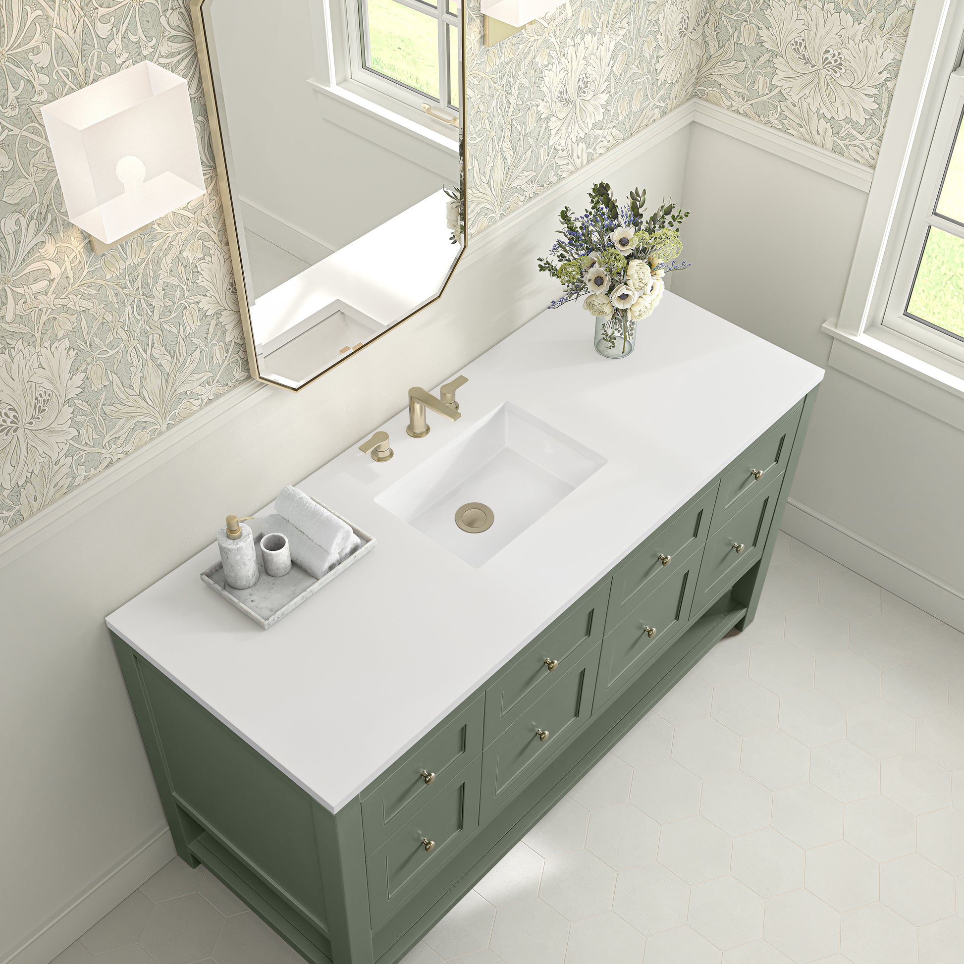 James Martin Vanities Breckenridge 60" Smokey Celadon Single Vanity With 3cm White Zeus Quartz Top