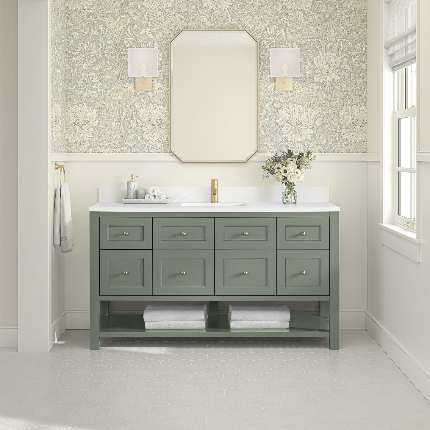 James Martin Vanities Breckenridge 60" Smokey Celadon Single Vanity With Single Hole 3cm White Zeus Quartz Top and Backsplash
