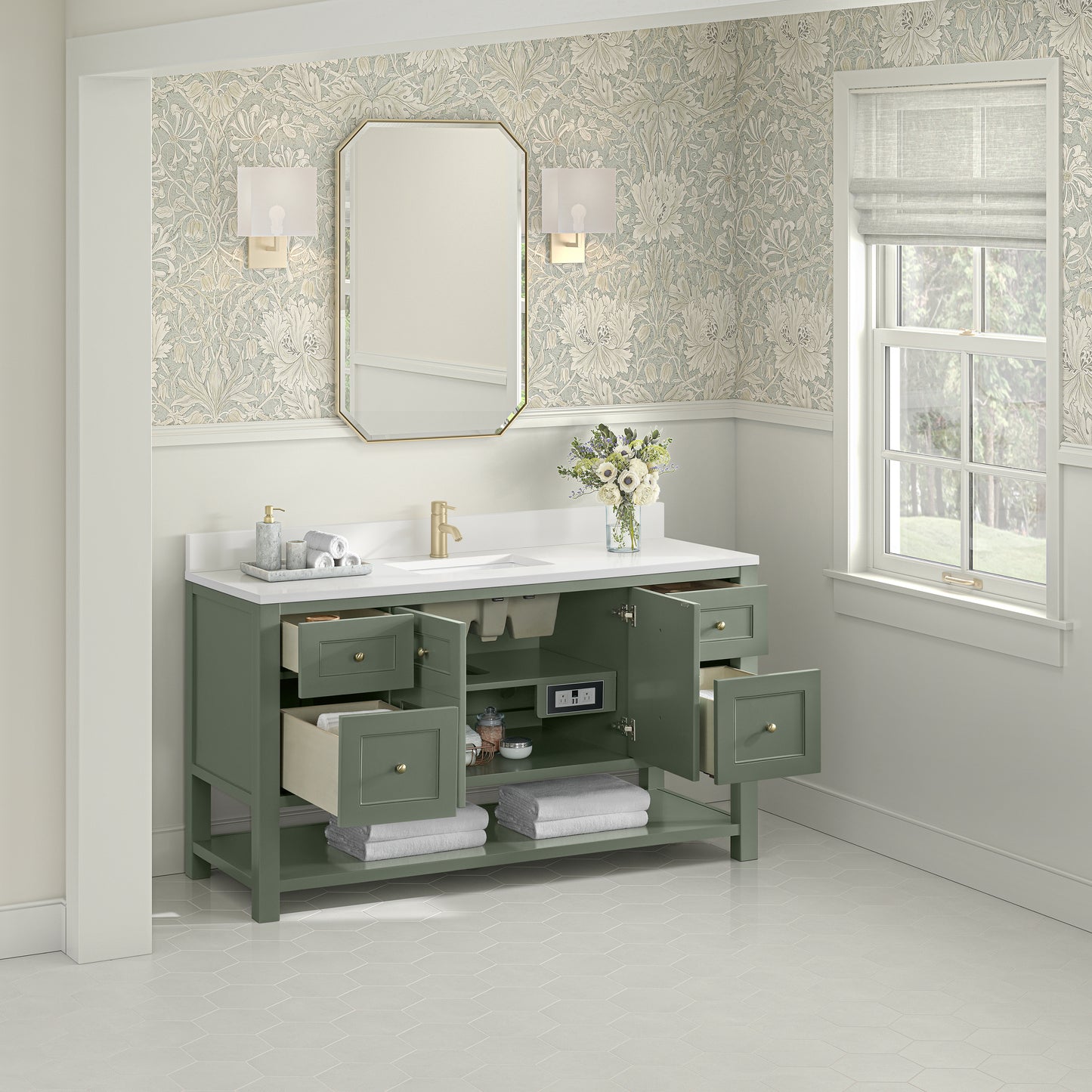James Martin Vanities Breckenridge 60" Smokey Celadon Single Vanity With Single Hole 3cm White Zeus Quartz Top and Backsplash