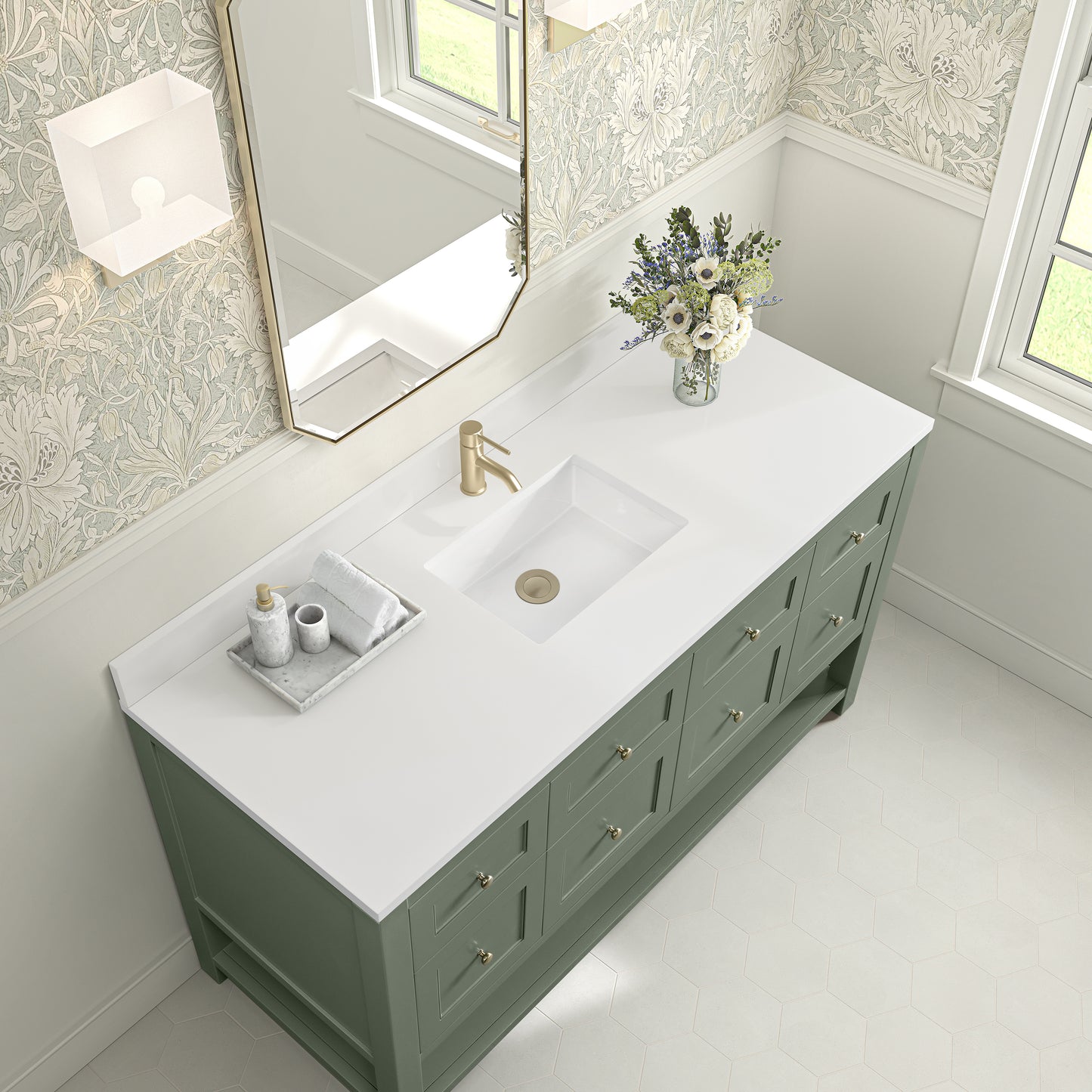 James Martin Vanities Breckenridge 60" Smokey Celadon Single Vanity With Single Hole 3cm White Zeus Quartz Top and Backsplash