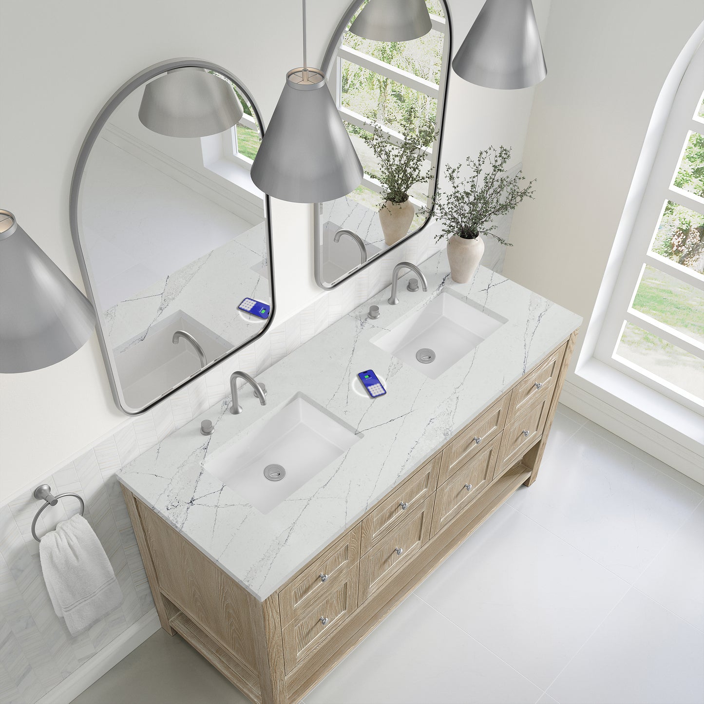 James Martin Vanities Breckenridge 60" Whitewashed Oak Double Vanity With 3 cm Ethereal Noctis Quartz Top and FreePower Wireless Charger